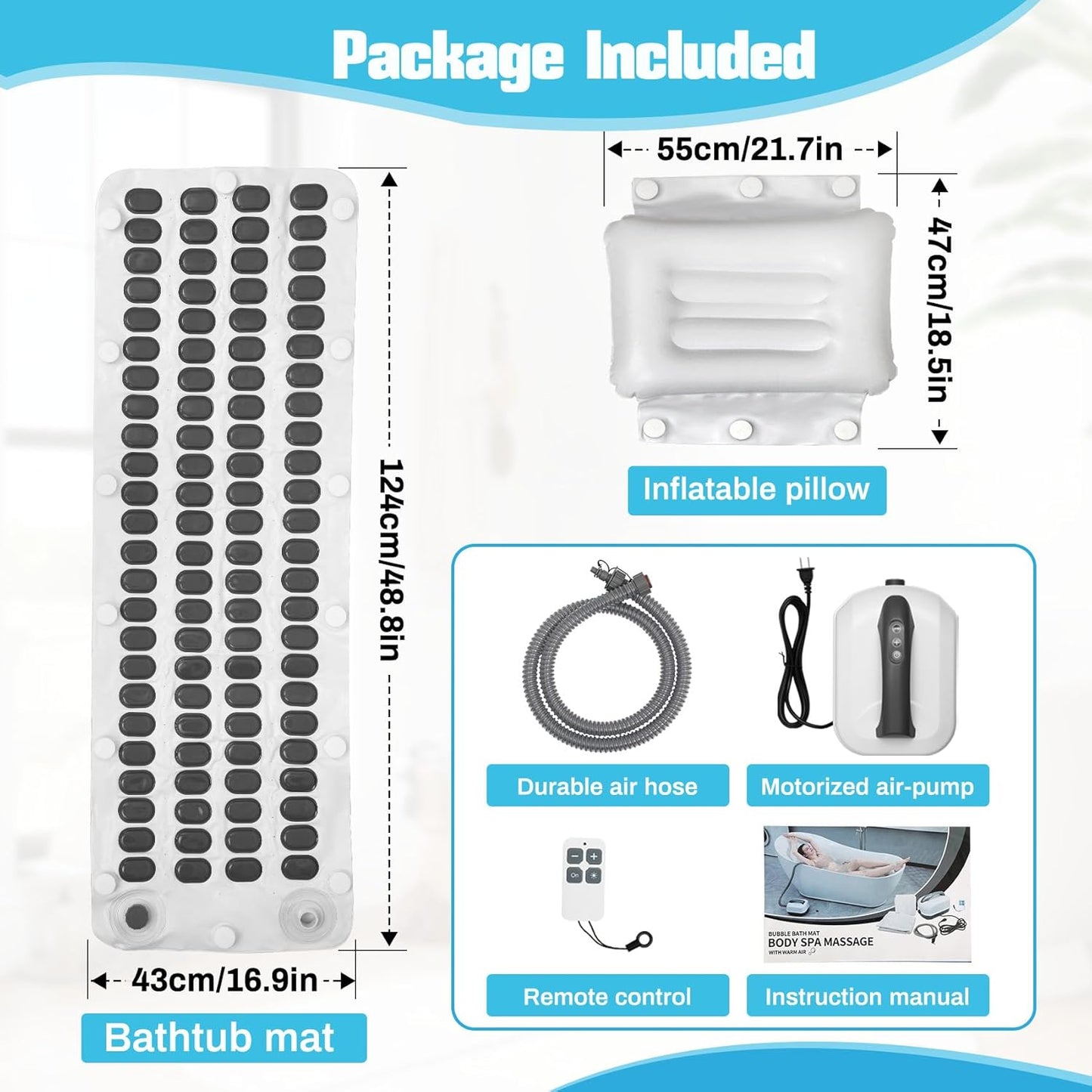 Portable Spa Bubble Bath Massager, Bubble Mat for Bathtub with Remote Control, 6-Speed Adjustable, w/ Suction Cup