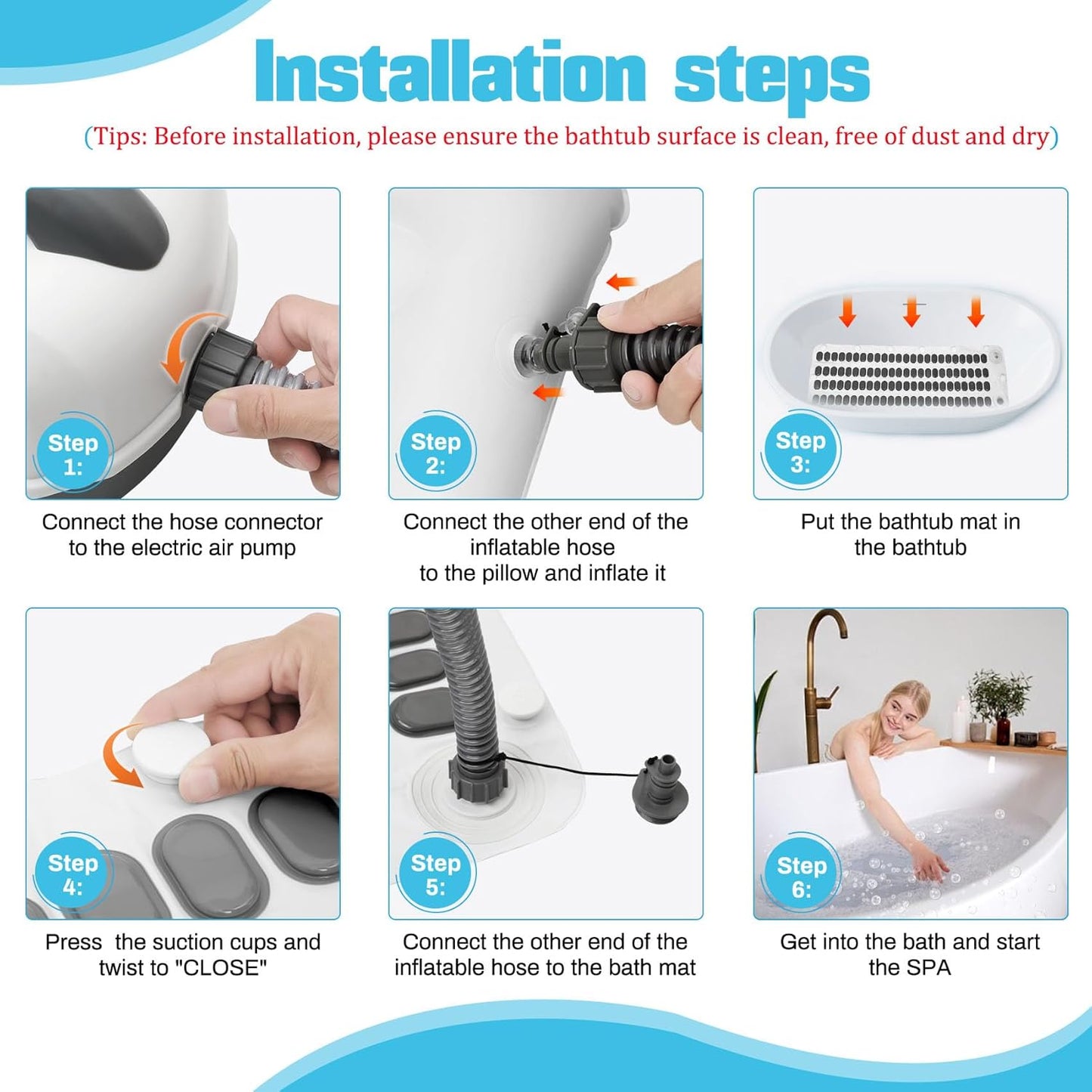 Portable Spa Bubble Bath Massager, Bubble Mat for Bathtub with Remote Control, 6-Speed Adjustable, w/ Suction Cup