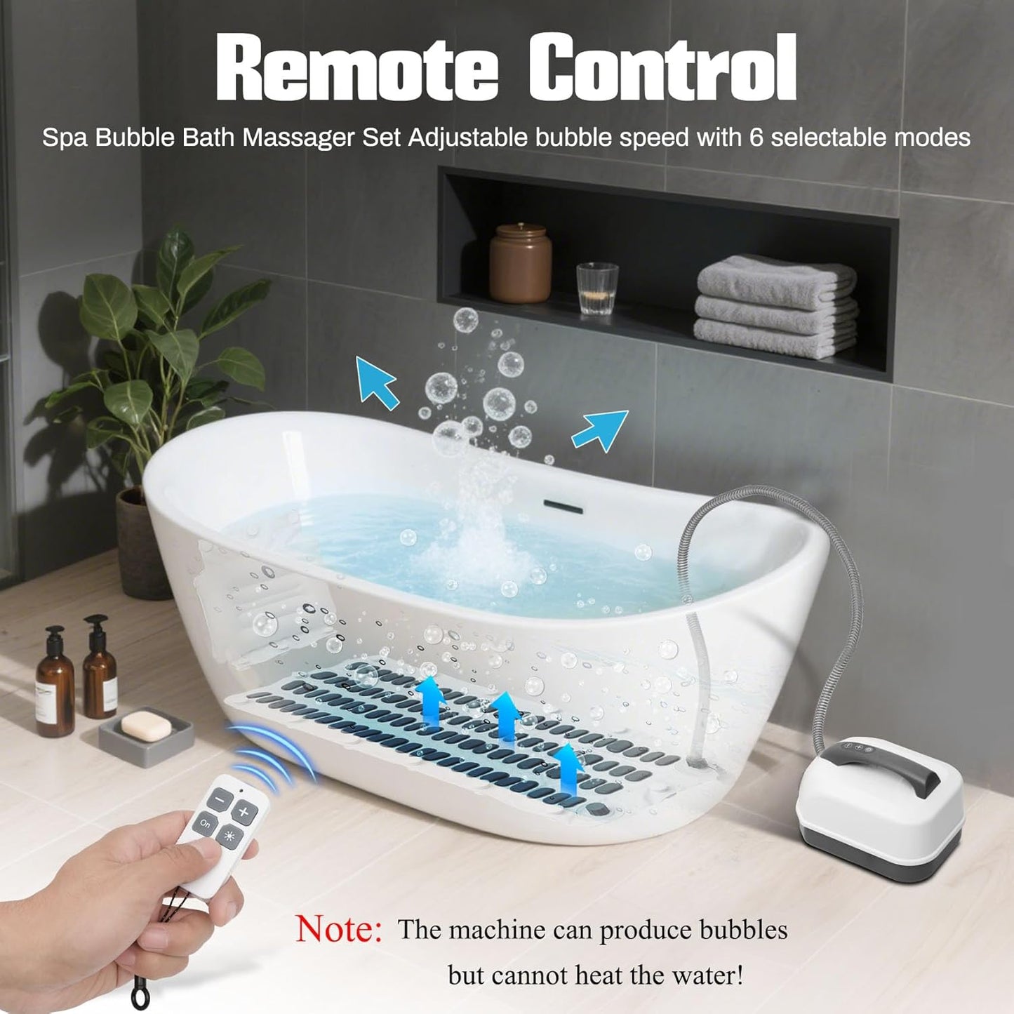 Portable Spa Bubble Bath Massager, Bubble Mat for Bathtub with Remote Control, 6-Speed Adjustable, w/ Suction Cup