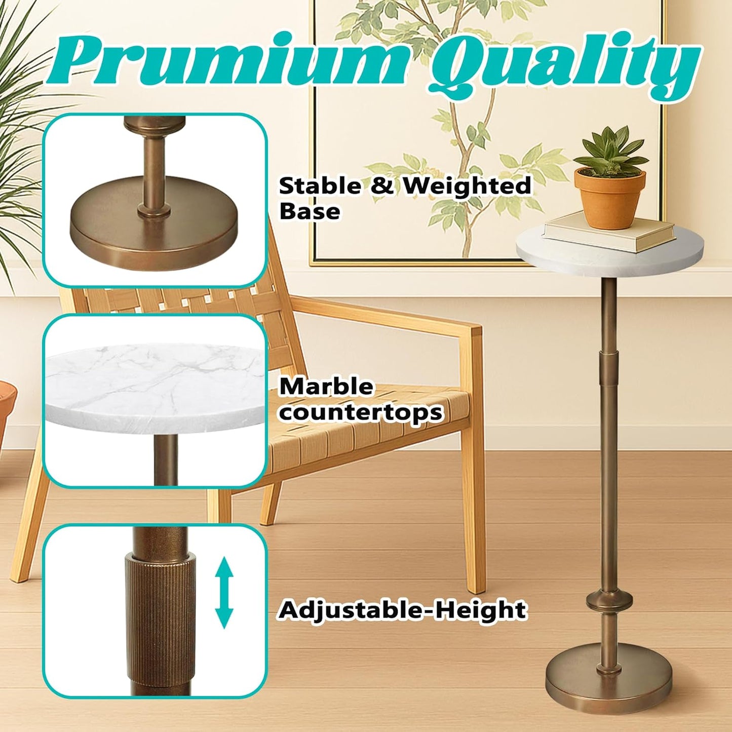 Martini Table Height Adjustable, Tiny Side Tables for Living Room, Bedroom, Cocktail (White)