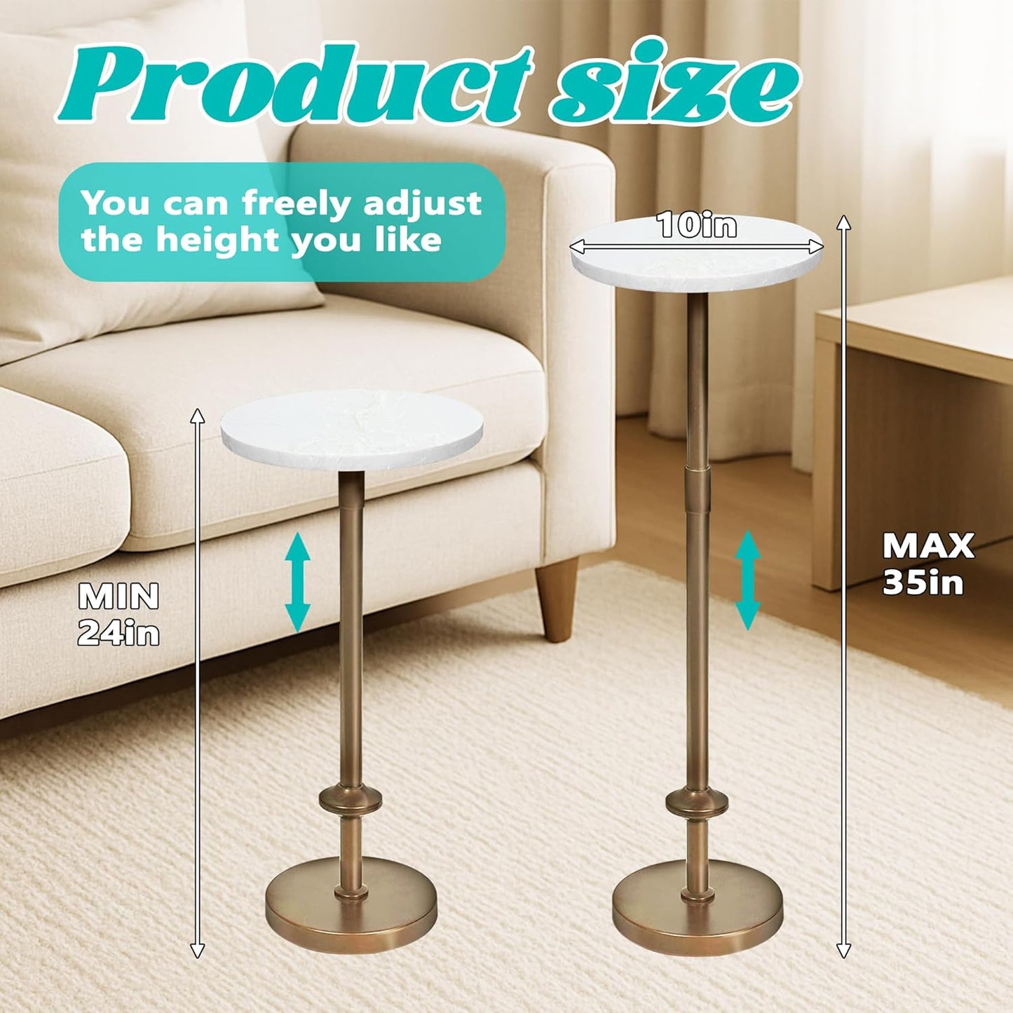 Martini Table Height Adjustable, Tiny Side Tables for Living Room, Bedroom, Cocktail (White)