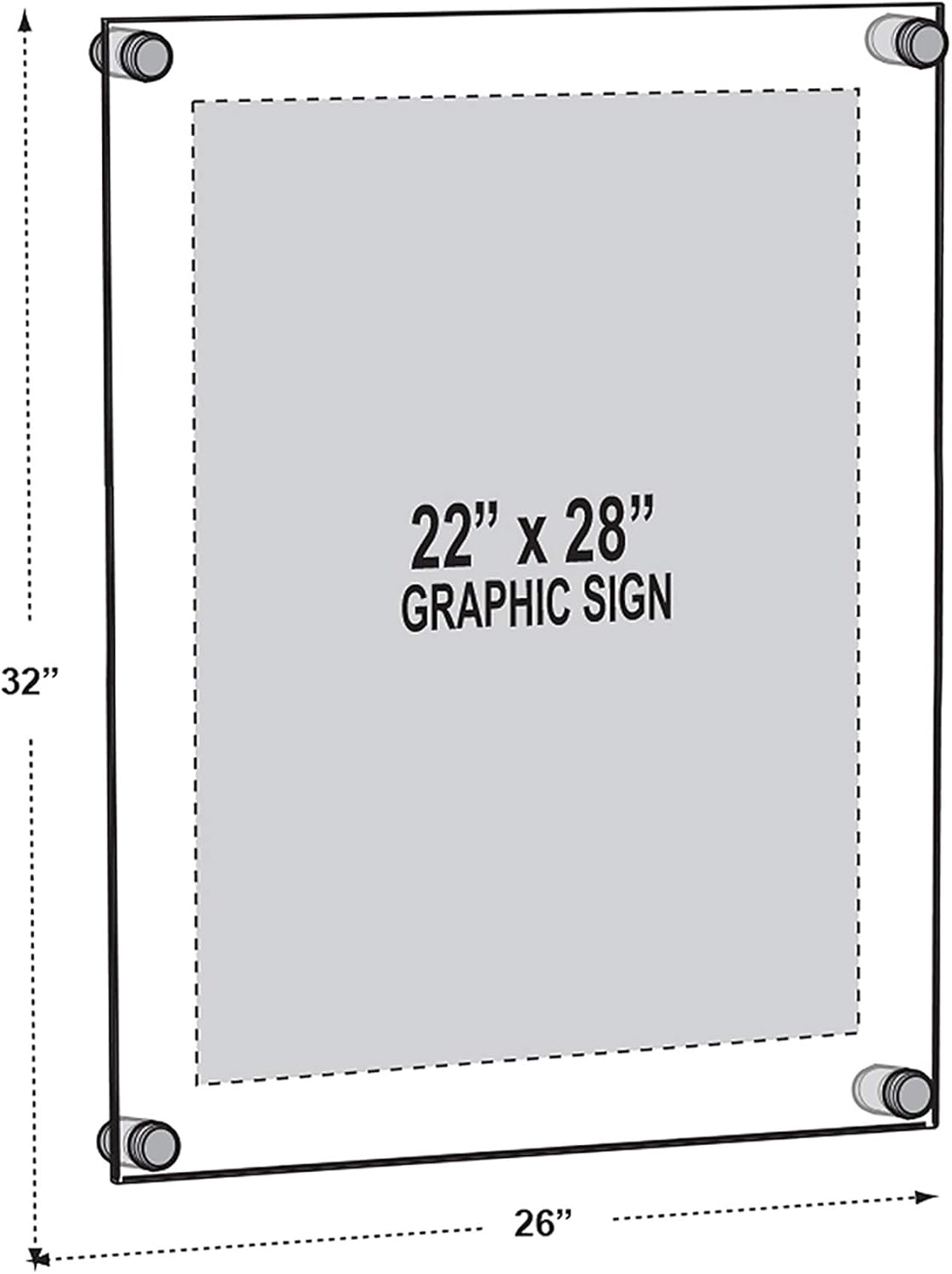 Floating Acrylic Wall Frame w/ Silver StandOff Caps: 22' x 28' Graphic Size, Overall Frame Size: 26'x32', Silver (Pack of 2)