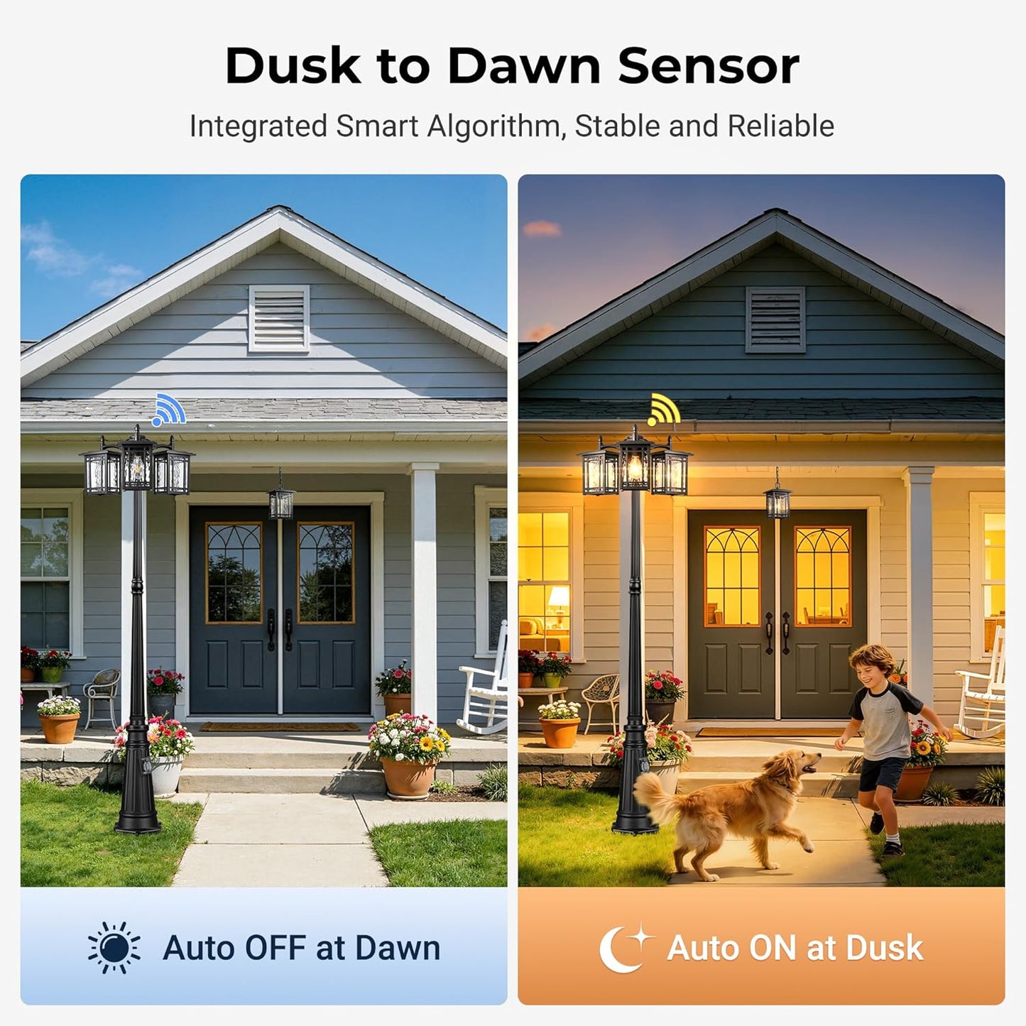 Outdoor Lamp Post Light Fixture, Black Dusk to Dawn with Outlet, 3-Head, Waterproof, Anti-Rust Outside Pole Light