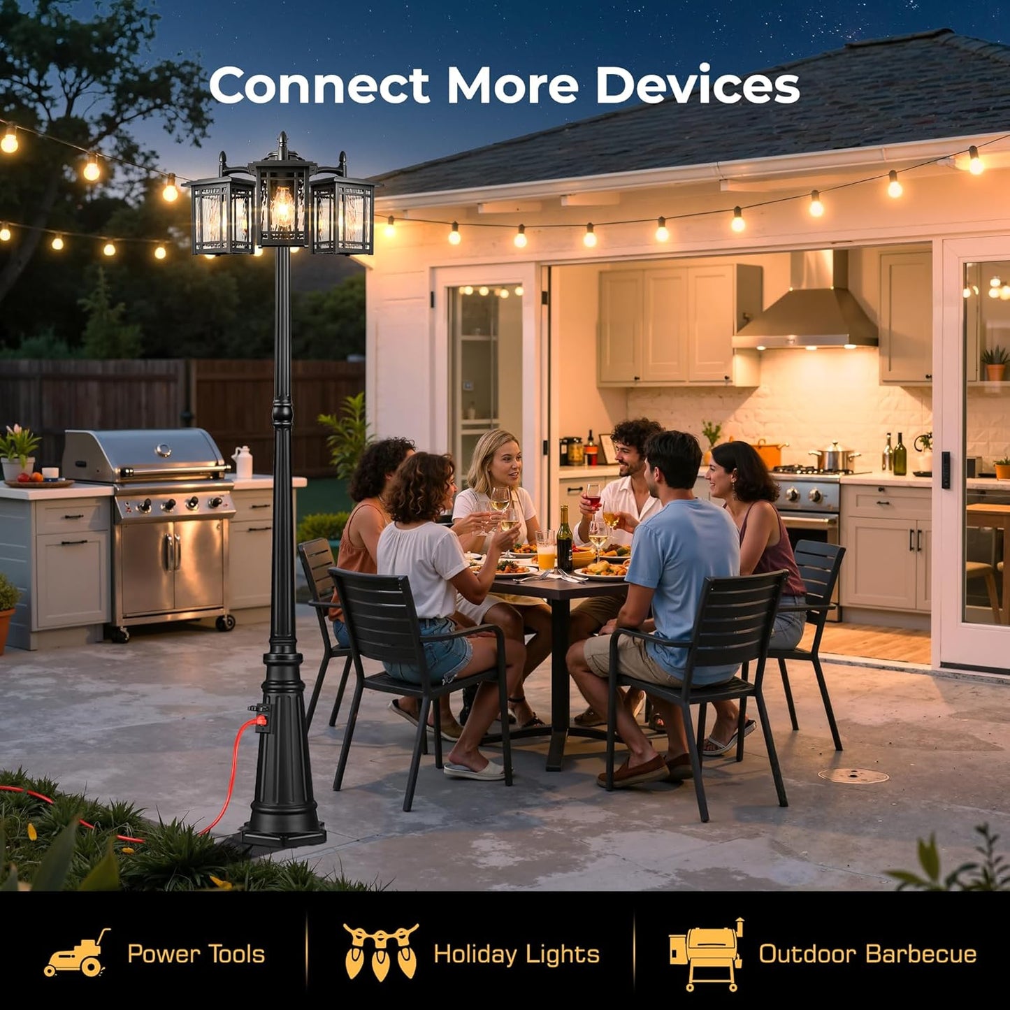 Outdoor Lamp Post Light Fixture, Black Dusk to Dawn with Outlet, 3-Head, Waterproof, Anti-Rust Outside Pole Light