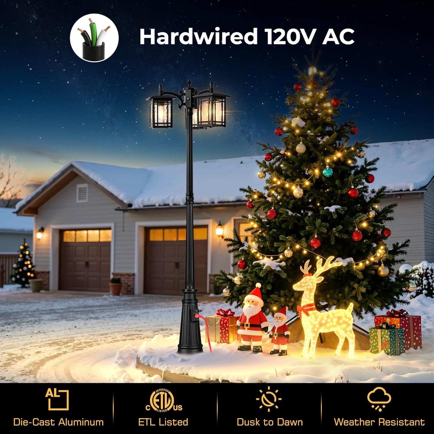 Outdoor Lamp Post Light Fixture, Black Dusk to Dawn with Outlet, 3-Head, Waterproof, Anti-Rust Outside Pole Light