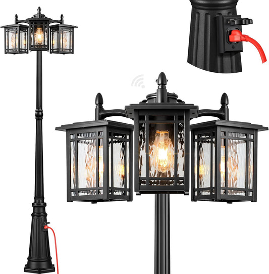 Outdoor Lamp Post Light Fixture, Black Dusk to Dawn with Outlet, 3-Head, Waterproof, Anti-Rust Outside Pole Light