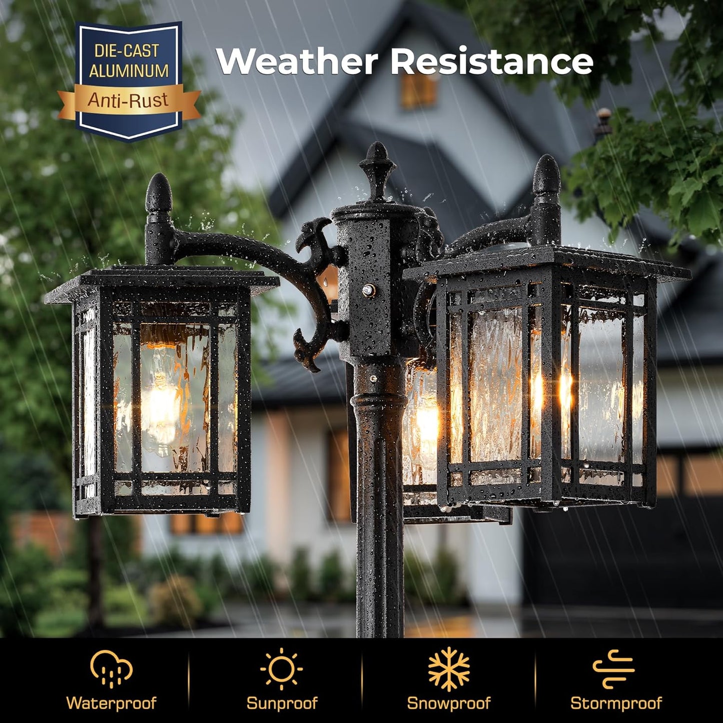 Outdoor Lamp Post Light Fixture, Black Dusk to Dawn with Outlet, 3-Head, Waterproof, Anti-Rust Outside Pole Light
