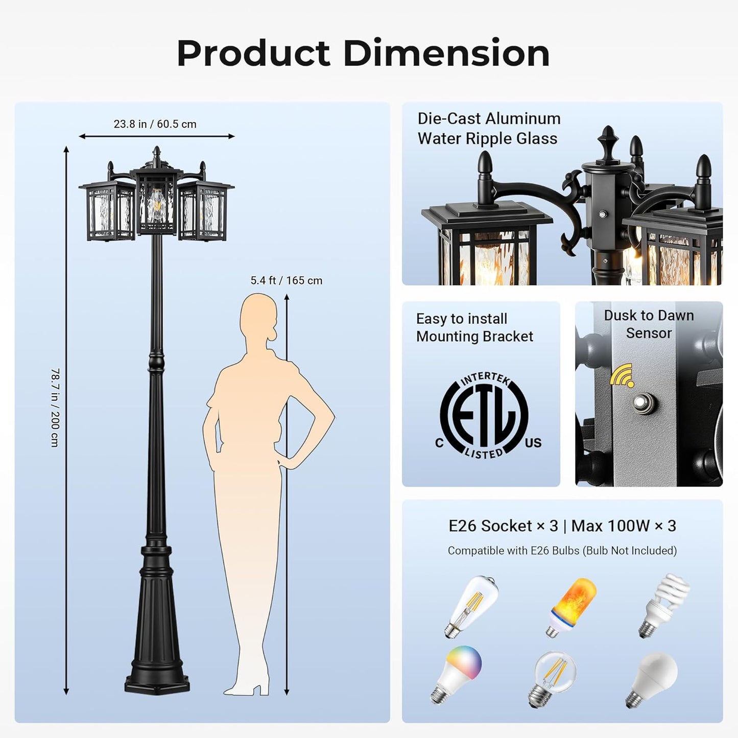 Outdoor Lamp Post Light Fixture, Black Dusk to Dawn with Outlet, 3-Head, Waterproof, Anti-Rust Outside Pole Light