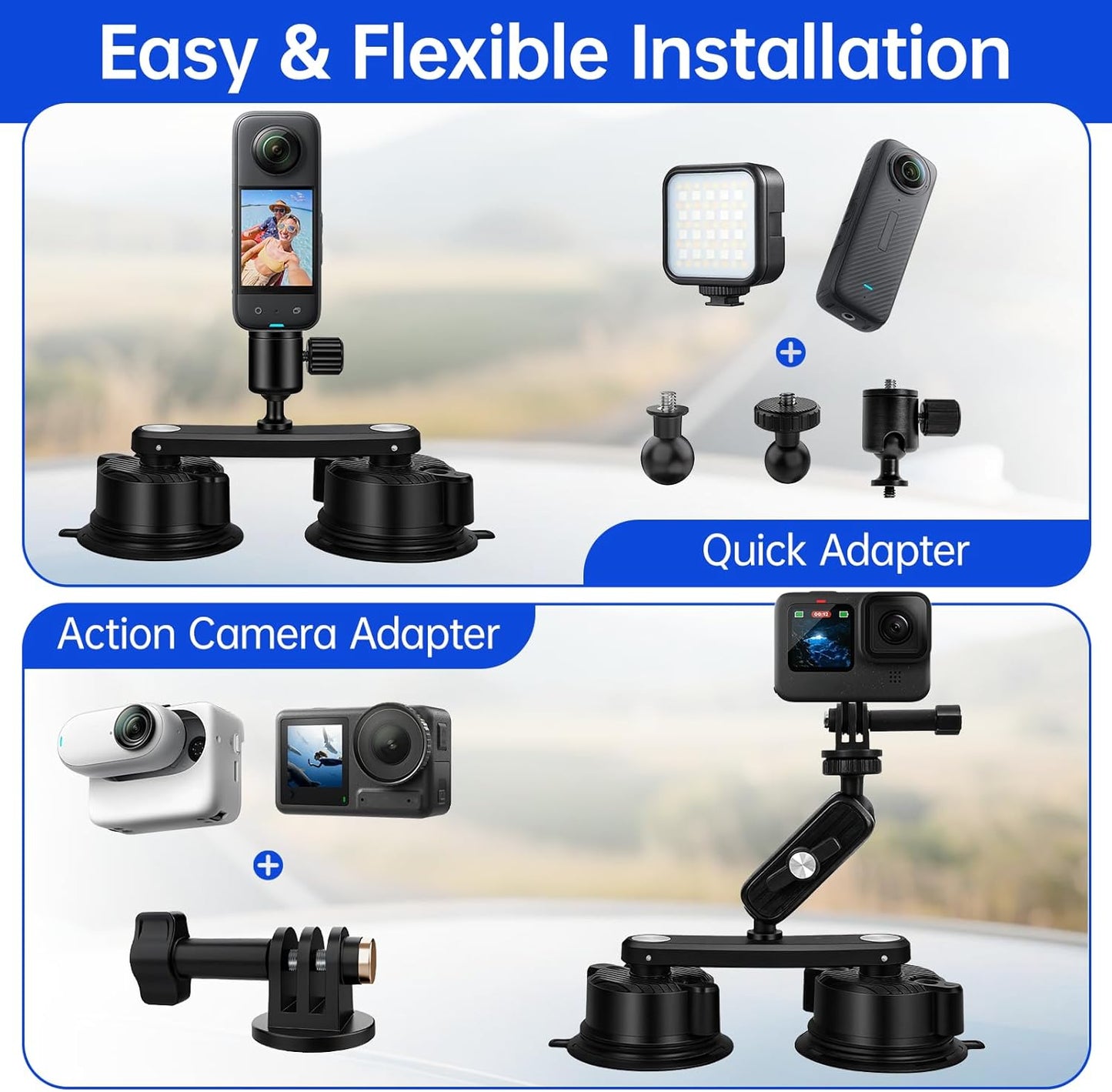Five Suction Cup 360 Camera Car Mount Kit for Insta360, w/ 2 in 1 Extension Pole Selfie Stick, Outside Windshield Mount