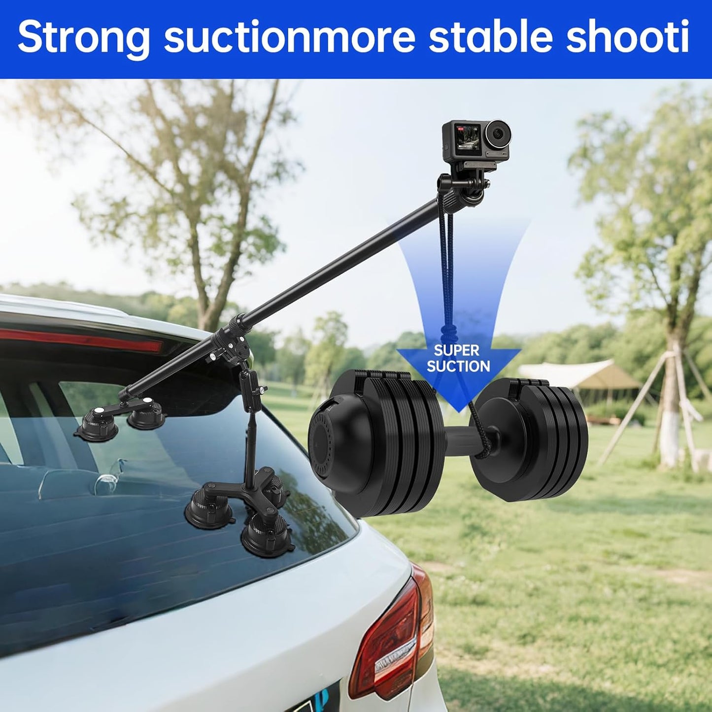 Five Suction Cup 360 Camera Car Mount Kit for Insta360, w/ 2 in 1 Extension Pole Selfie Stick, Outside Windshield Mount