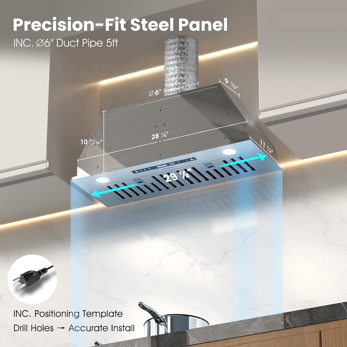 30 inch Range Hood Insert, 900 CFM Kitchen Vent Hood with Full Copper Motor, Triple Smart Controls, LED Lighting