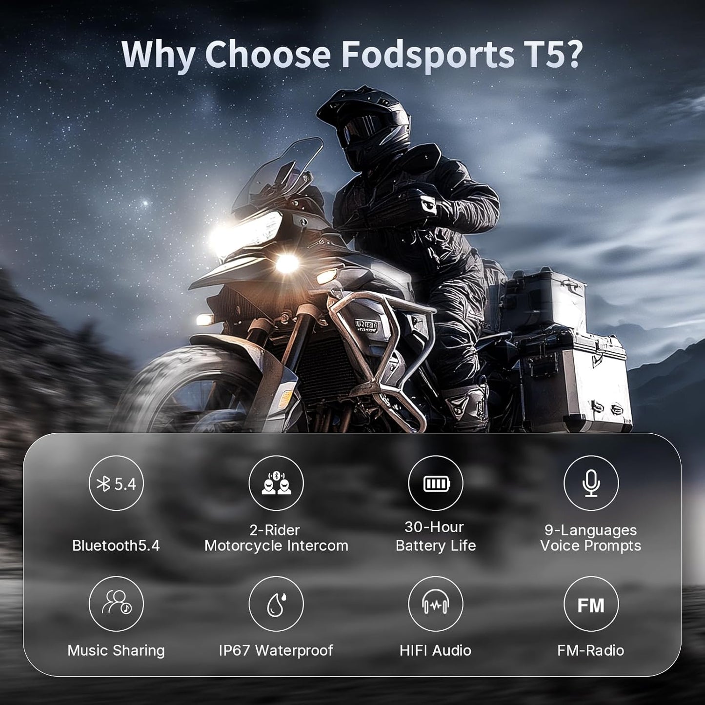 Fodsports T5 Motorcycle Helmet Bluetooth V5.4, 2-Way Helmet Intercom Communication Systems with Music Sharing