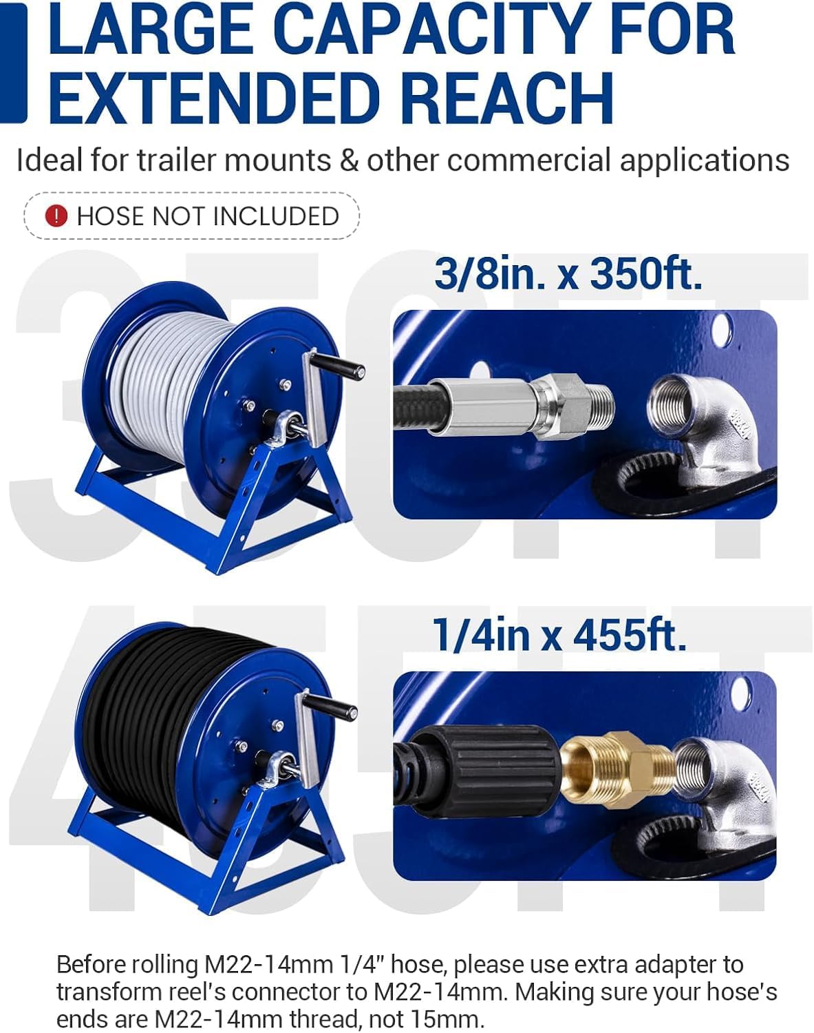 Hand Crank Power Washer Hose Reel 1/4'x455ft, with Trailer/Wall Mount, Requires Assembly, 3/8'x350ft