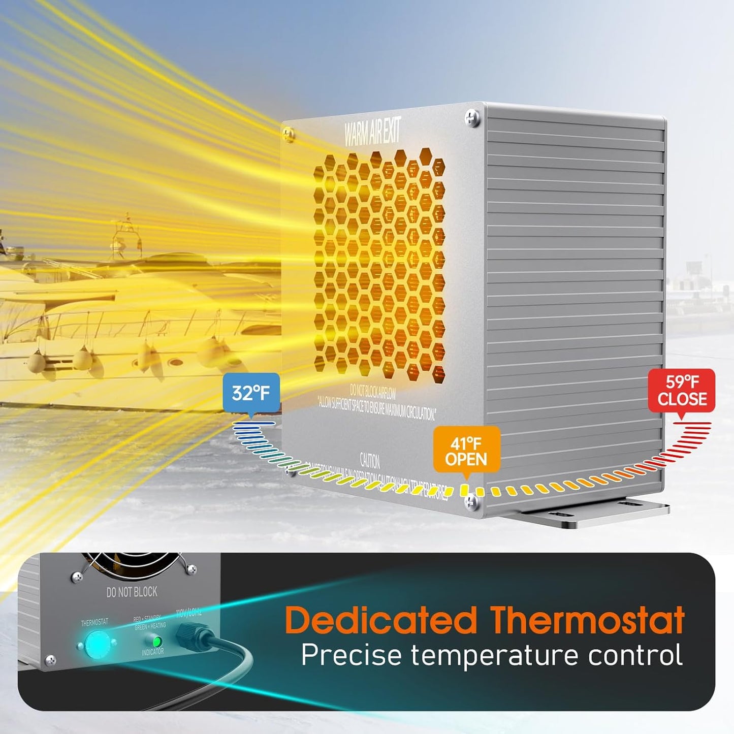 Boat Engine Compartment Heater 900W, with Automatic Thermostat, IPX7 Waterproof Aluminum Housing, IPX8 Fan