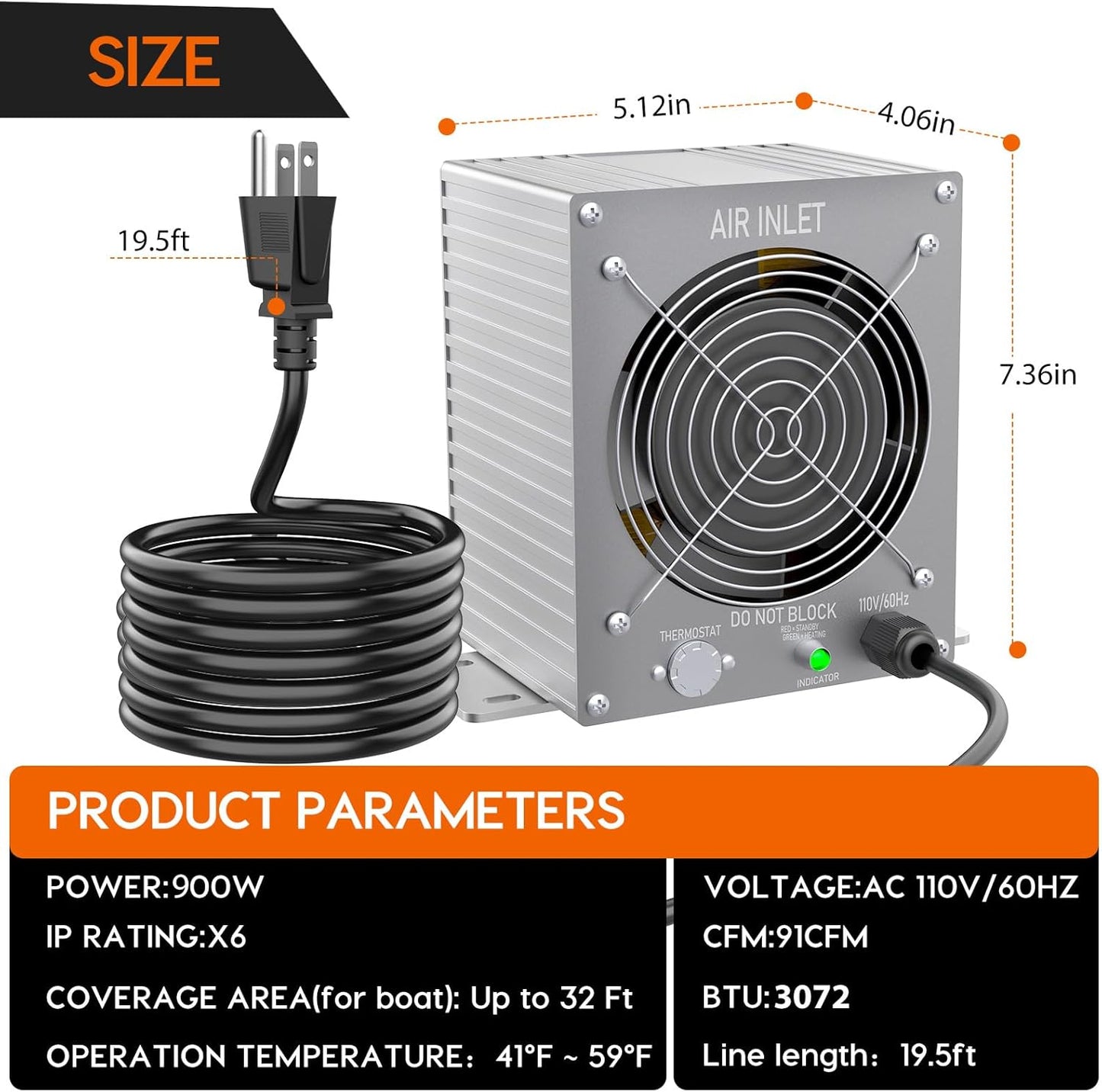Boat Engine Compartment Heater 900W, with Automatic Thermostat, IPX7 Waterproof Aluminum Housing, IPX8 Fan