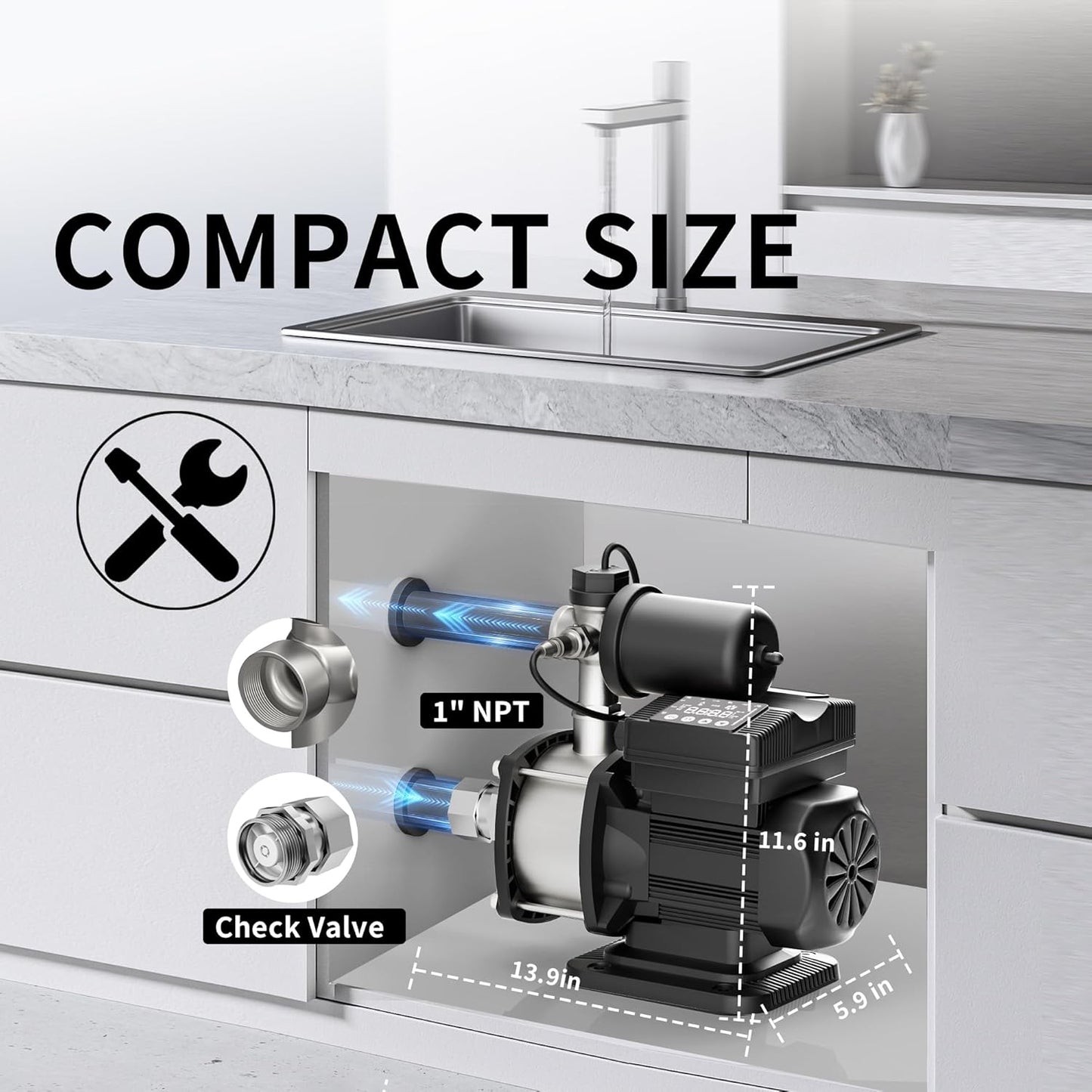 Smart Water Pressure Booster Pump, Variable Speed & Power, Constant Pressure Pump, 115V, 450w