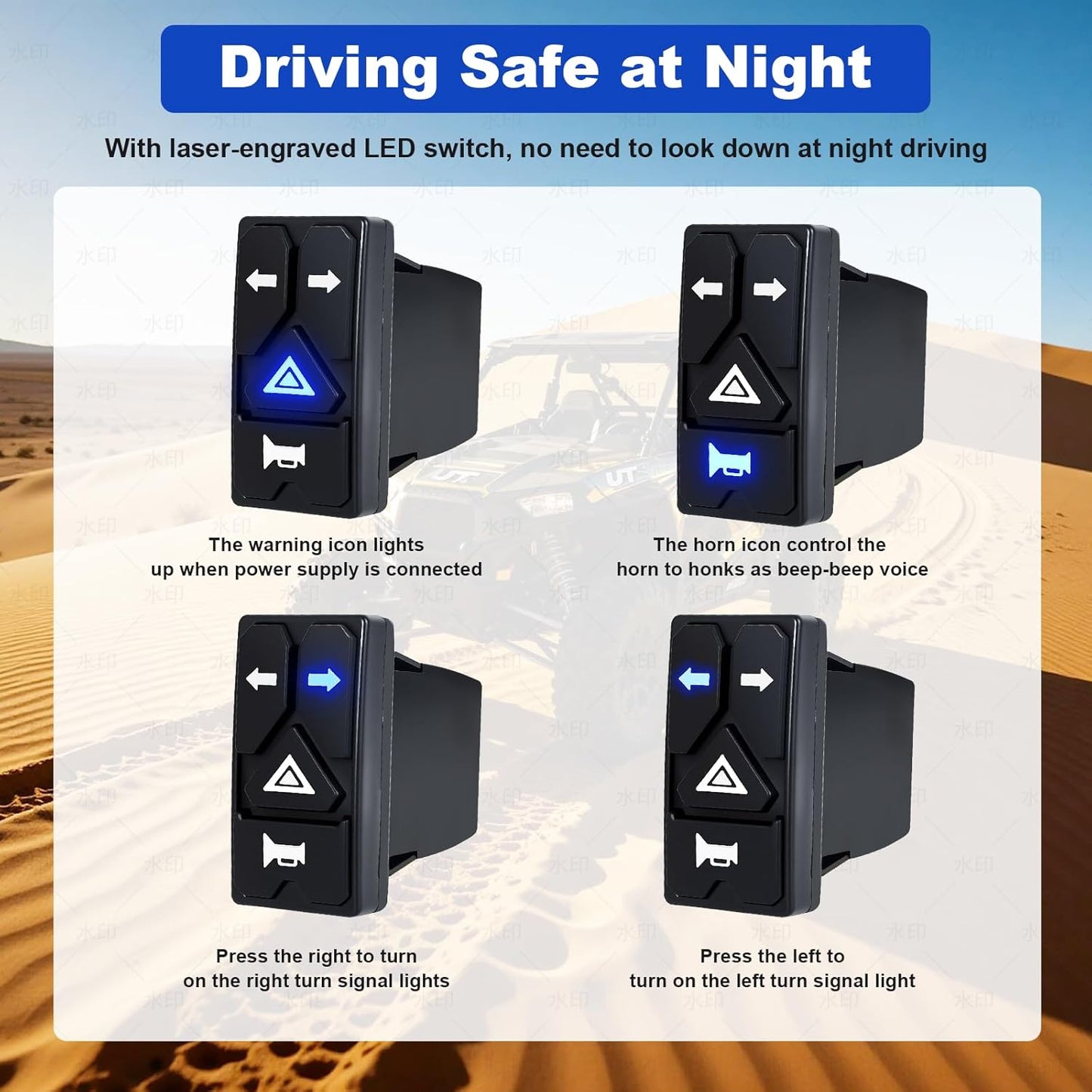 UTV Turn Signal Kit with Upgrade 4-in-1 Rocker Switch and Triangular Amber Light,Pre-Wired, Plug and Play, with Horn