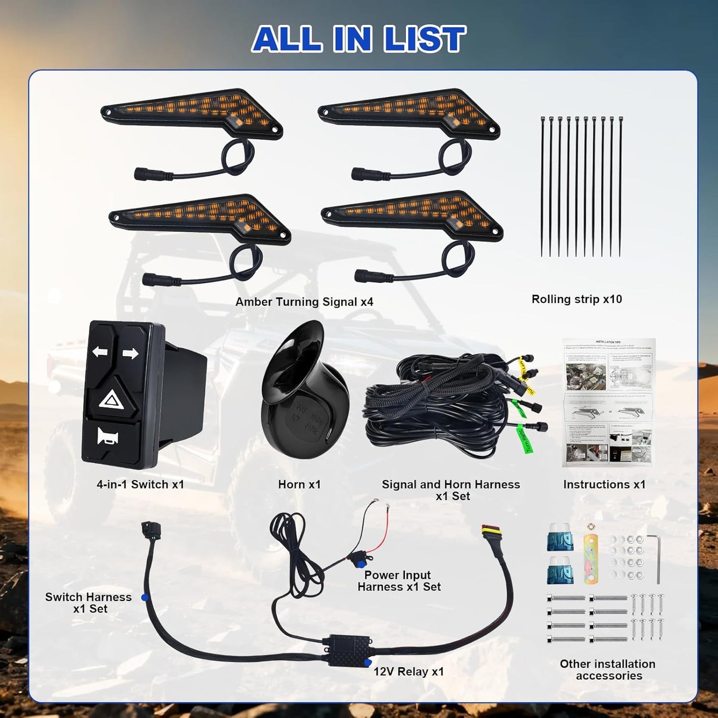UTV Turn Signal Kit with Upgrade 4-in-1 Rocker Switch and Triangular Amber Light,Pre-Wired, Plug and Play, with Horn