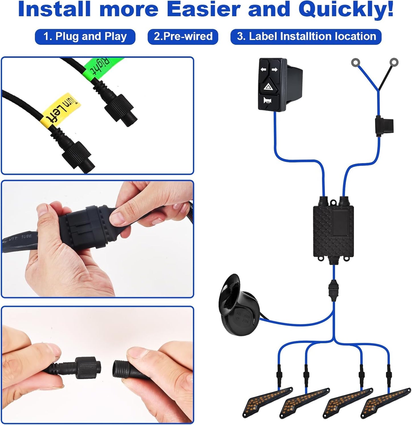 UTV Turn Signal Kit with Upgrade 4-in-1 Rocker Switch and Triangular Amber Light,Pre-Wired, Plug and Play, with Horn