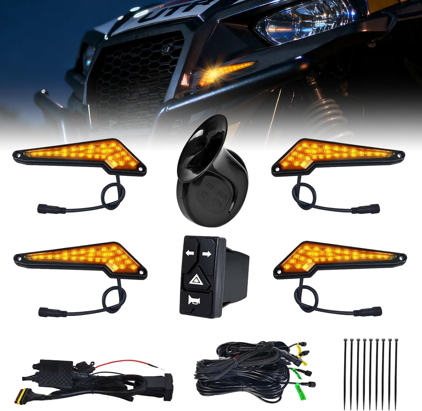 UTV Turn Signal Kit with Upgrade 4-in-1 Rocker Switch and Triangular Amber Light,Pre-Wired, Plug and Play, with Horn