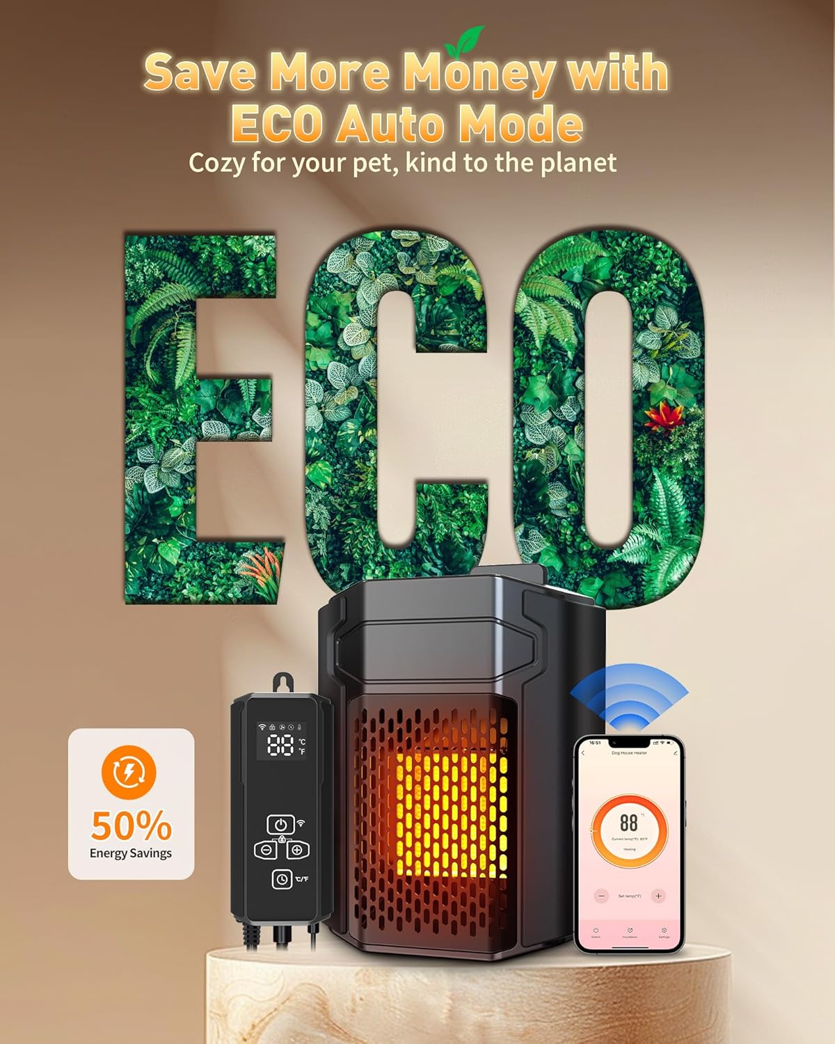 Dog House Heater with Thermostat APP WIFI Control, 500W,  with External Temperature Probe&Adjustable Temp Timer