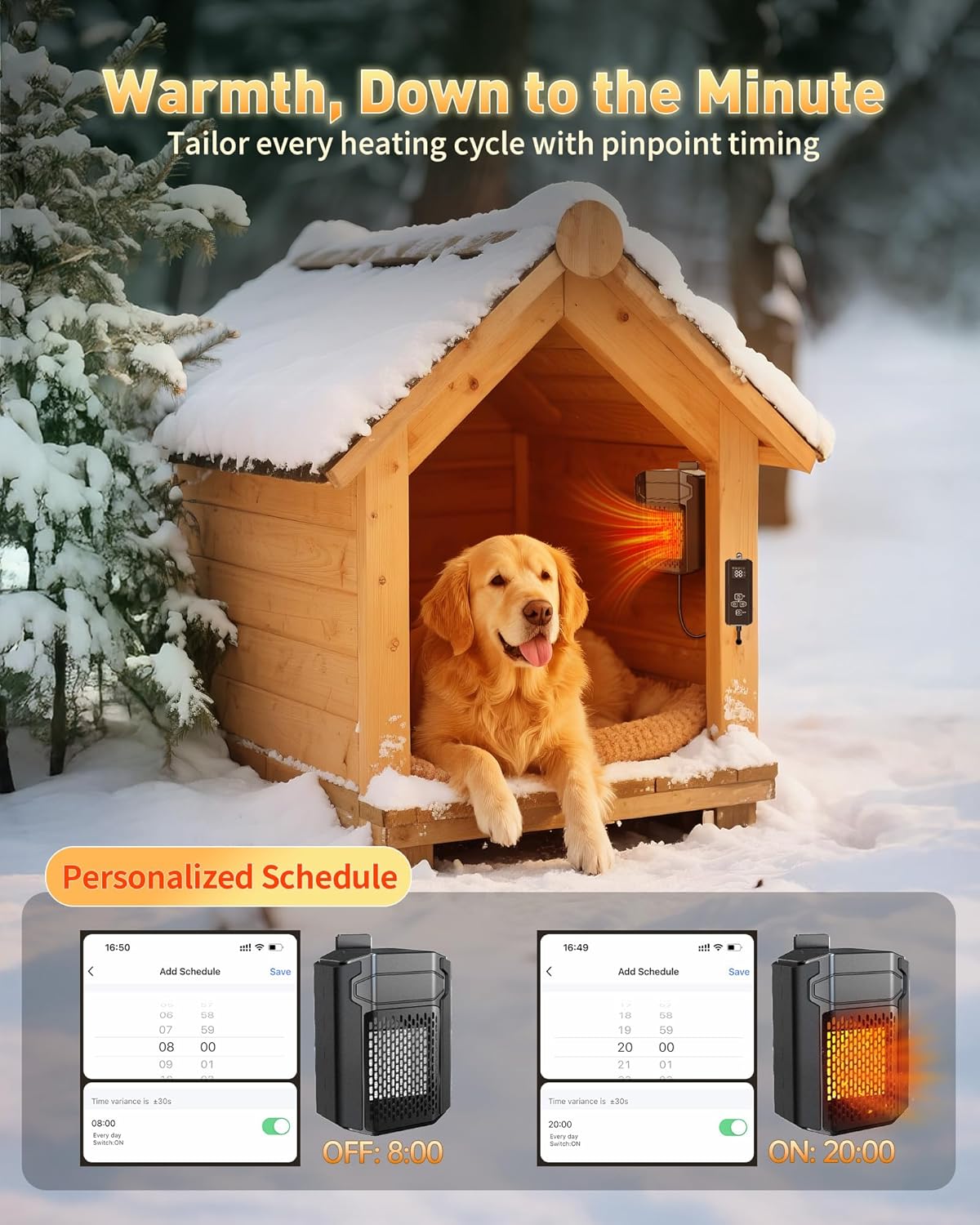 Dog House Heater with Thermostat APP WIFI Control, 500W,  with External Temperature Probe&Adjustable Temp Timer