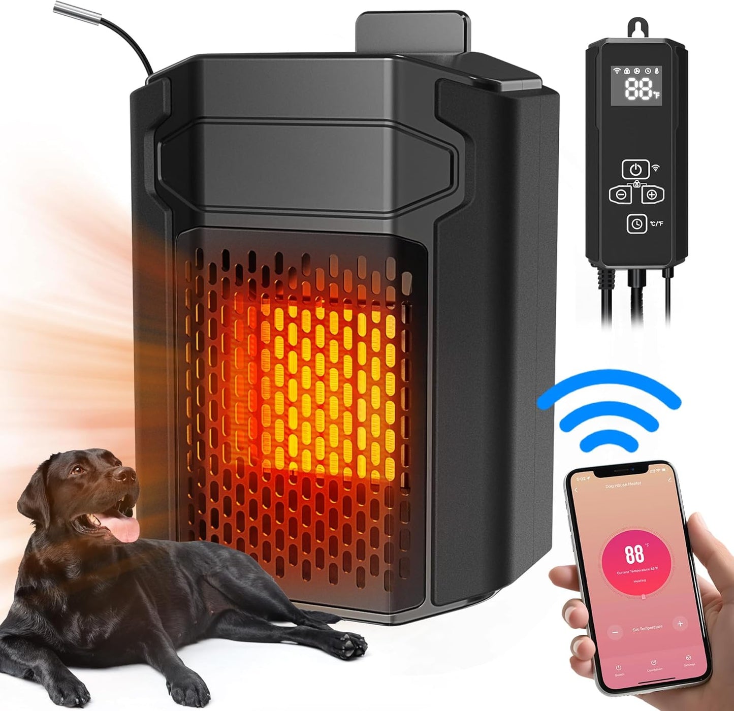 Dog House Heater with Thermostat APP WIFI Control, 500W,  with External Temperature Probe&Adjustable Temp Timer