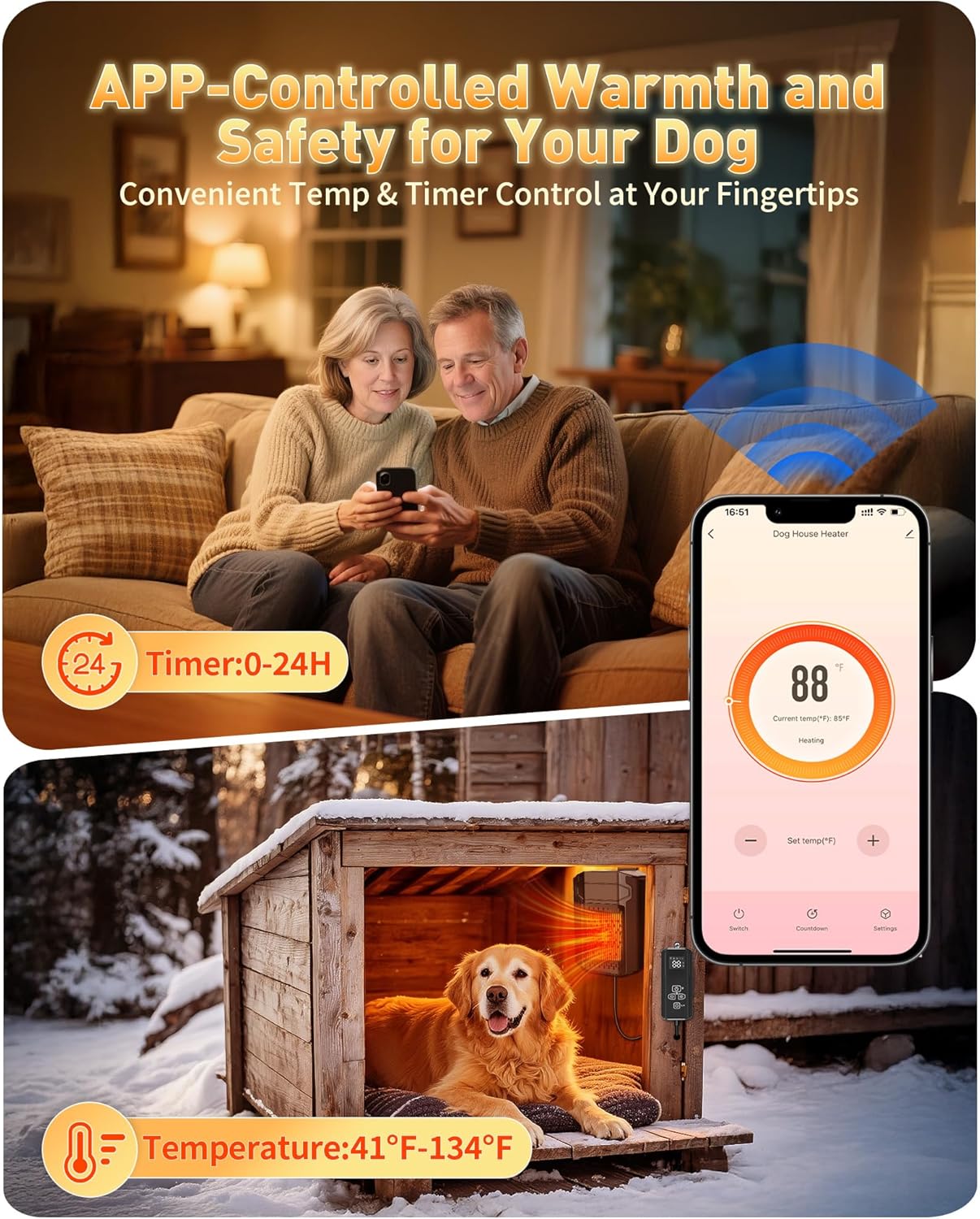 Dog House Heater with Thermostat APP WIFI Control, 500W,  with External Temperature Probe&Adjustable Temp Timer