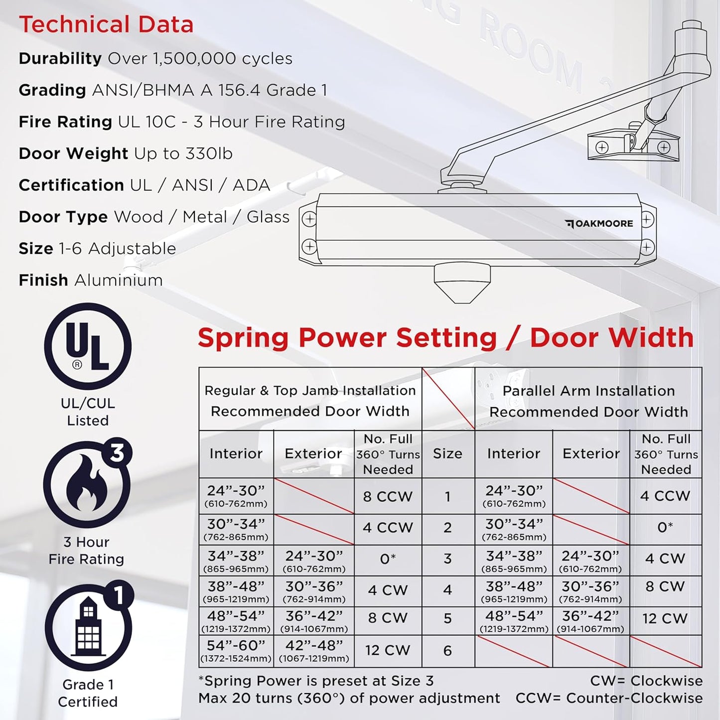 Heavy Duty Commercial Door Closer, ADA UL Grade 1-6 Listed Auto Self Closing Door Hinges,Spring Soft Close, silver
