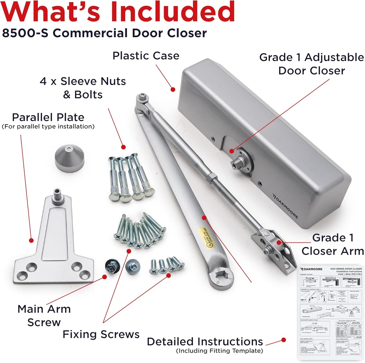 Heavy Duty Commercial Door Closer, ADA UL Grade 1-6 Listed Auto Self Closing Door Hinges,Spring Soft Close, silver