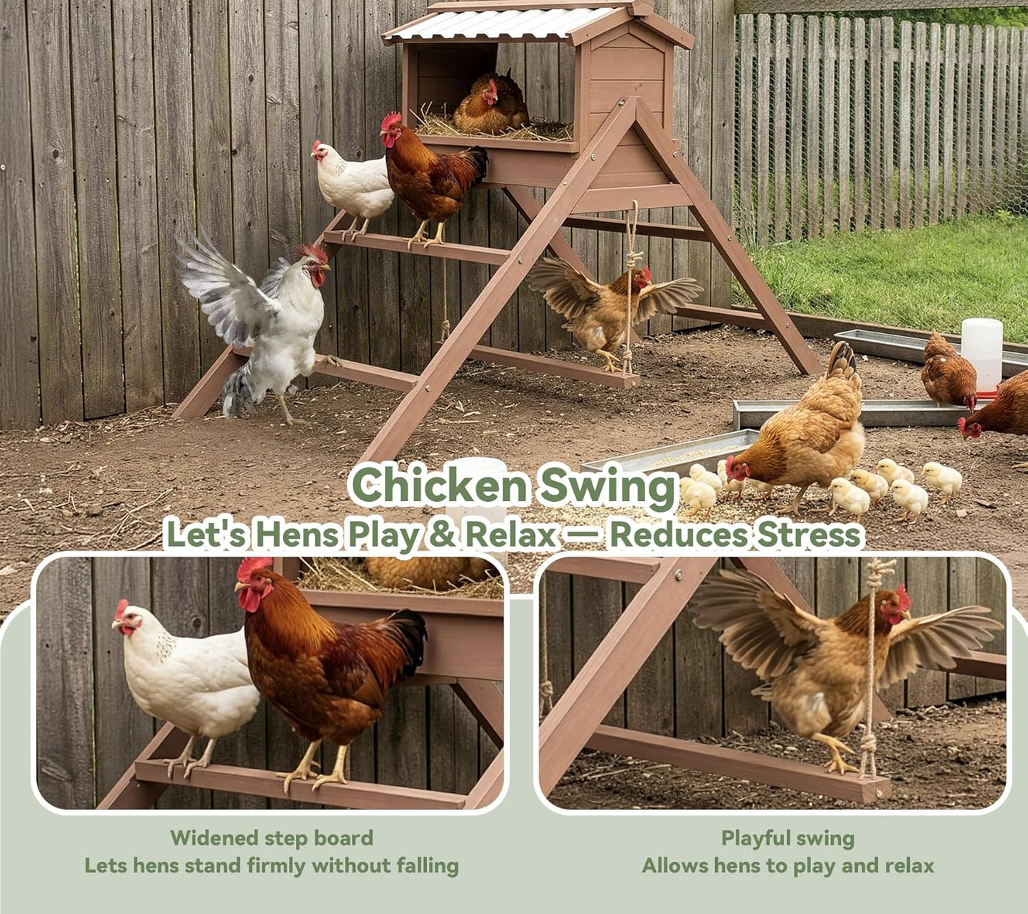 Chicken Perch for Coop, 3 in 1 Design-Nesting Box w/ All Weather PVC Roof+Perches+Swing, Roosting Bar