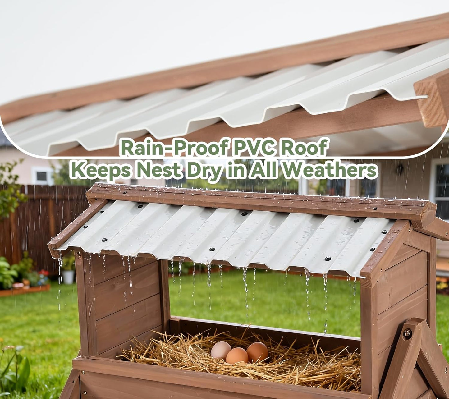 Chicken Perch for Coop, 3 in 1 Design-Nesting Box w/ All Weather PVC Roof+Perches+Swing, Roosting Bar