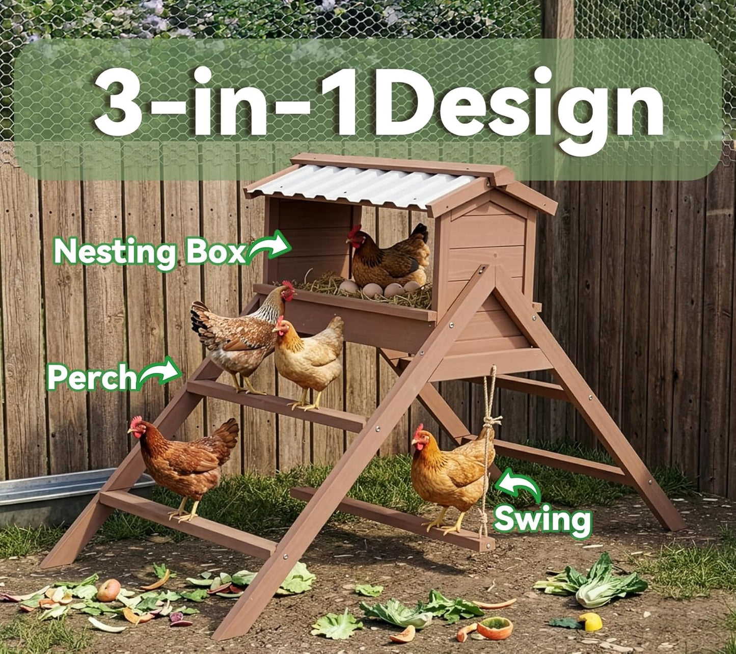 Chicken Perch for Coop, 3 in 1 Design-Nesting Box w/ All Weather PVC Roof+Perches+Swing, Roosting Bar