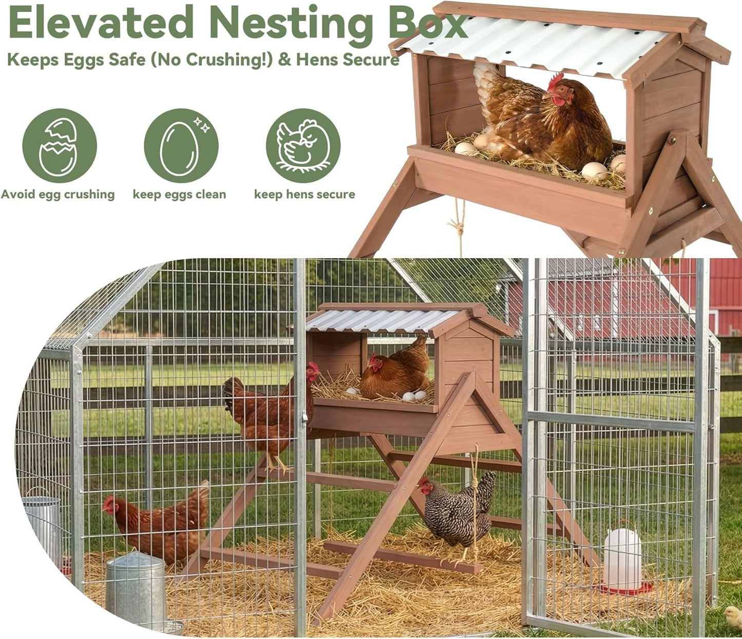 Chicken Perch for Coop, 3 in 1 Design-Nesting Box w/ All Weather PVC Roof+Perches+Swing, Roosting Bar