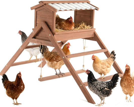 Chicken Perch for Coop, 3 in 1 Design-Nesting Box w/ All Weather PVC Roof+Perches+Swing, Roosting Bar