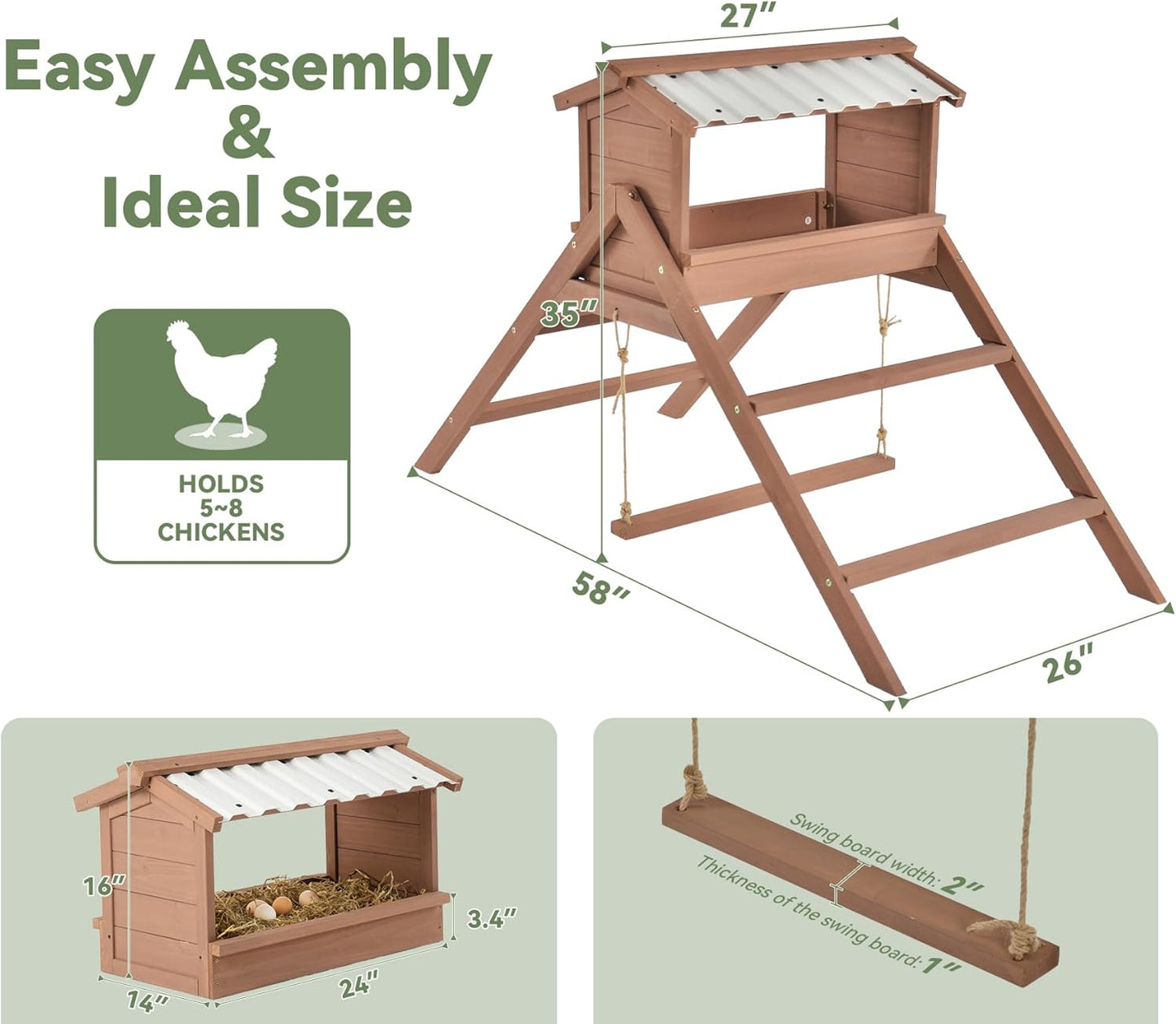 Chicken Perch for Coop, 3 in 1 Design-Nesting Box w/ All Weather PVC Roof+Perches+Swing, Roosting Bar