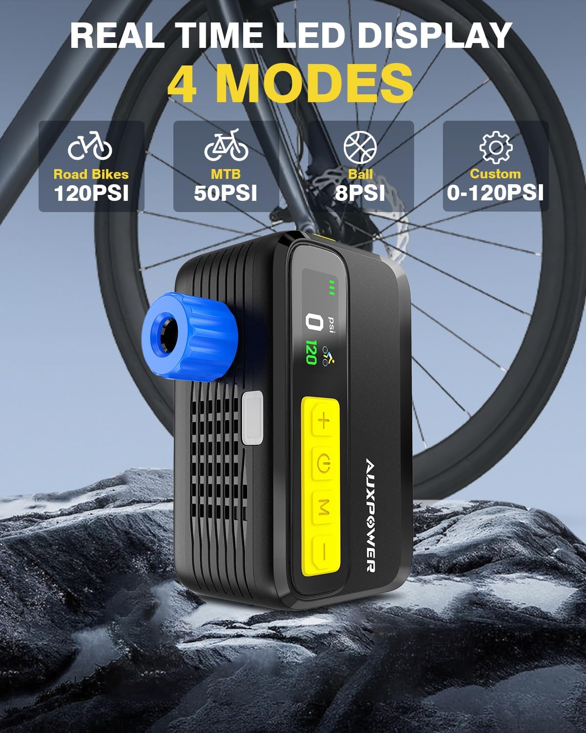 1500mAh Bike Pump 120PSI Fast Inflation Electric Bike Tire Pump with Brushless Motor Mini, 4 Preset Modes for All Bikes