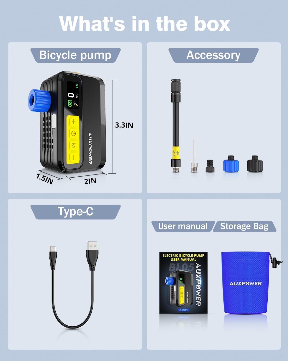 1500mAh Bike Pump 120PSI Fast Inflation Electric Bike Tire Pump with Brushless Motor Mini, 4 Preset Modes for All Bikes