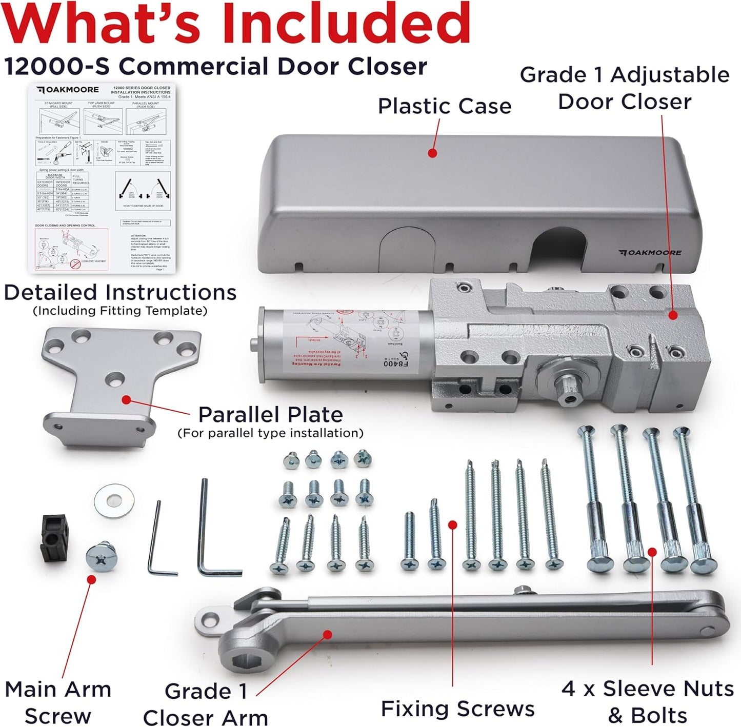 Heavy Duty Commercial Door Closer, Automatic Self Closing Door Hinges, ADA UL Grade 1-6 Listed,  Soft Close (Silver)