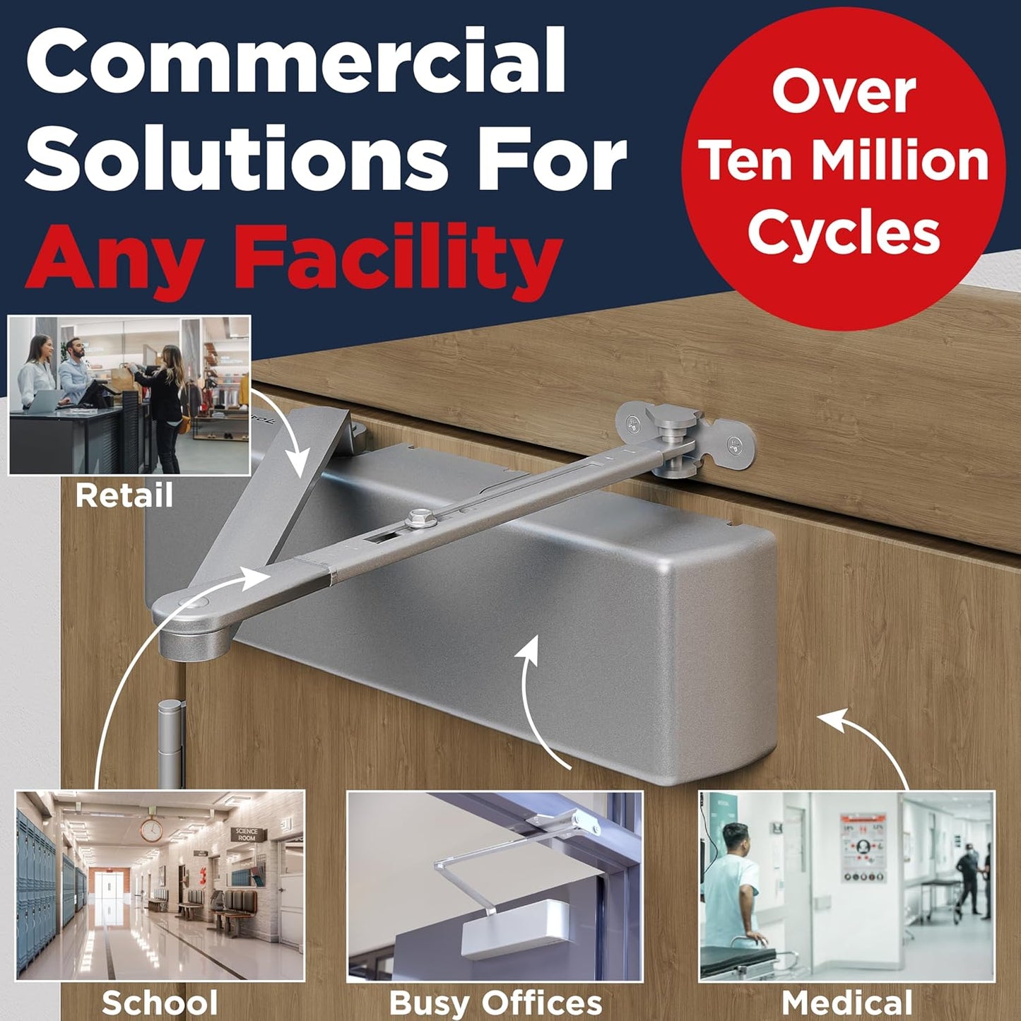 Heavy Duty Commercial Door Closer, Automatic Self Closing Door Hinges, ADA UL Grade 1-6 Listed,  Soft Close (Silver)