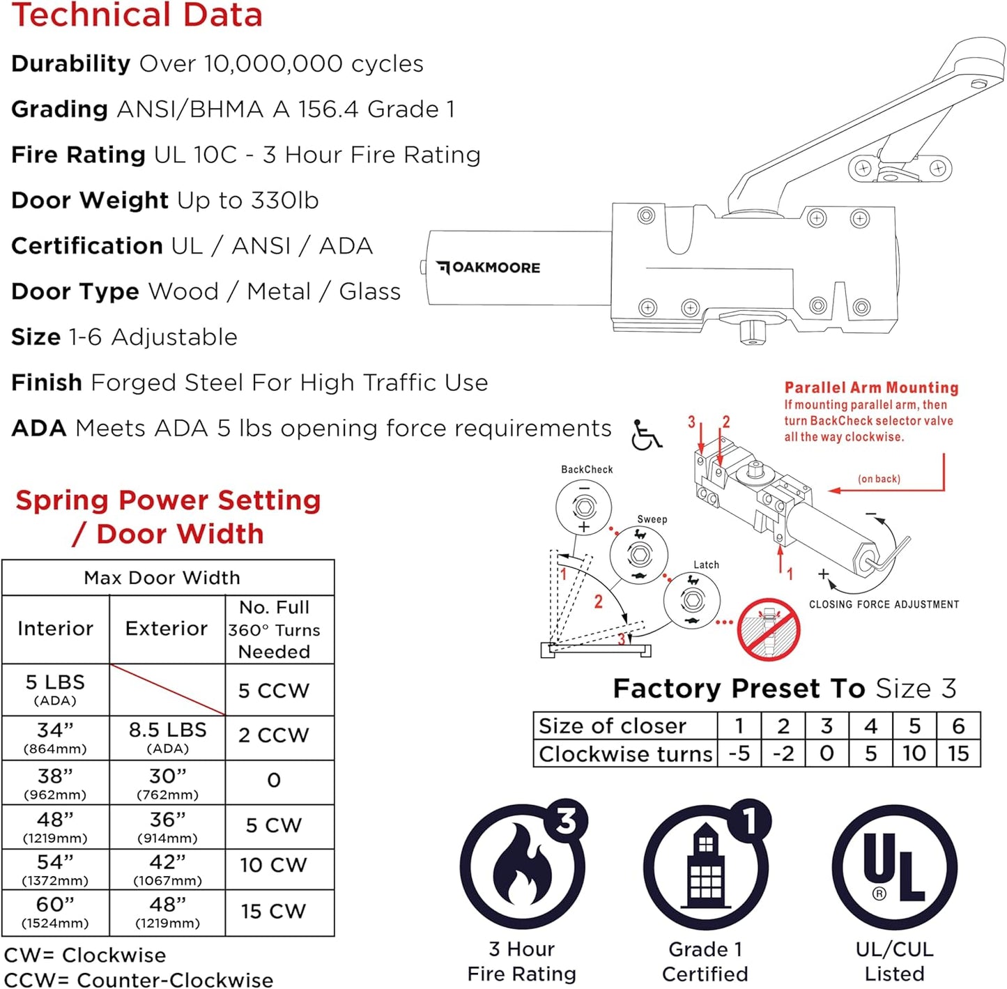 Heavy Duty Commercial Door Closer, Automatic Self Closing Door Hinges, ADA UL Grade 1-6 Listed,  Soft Close (Silver)