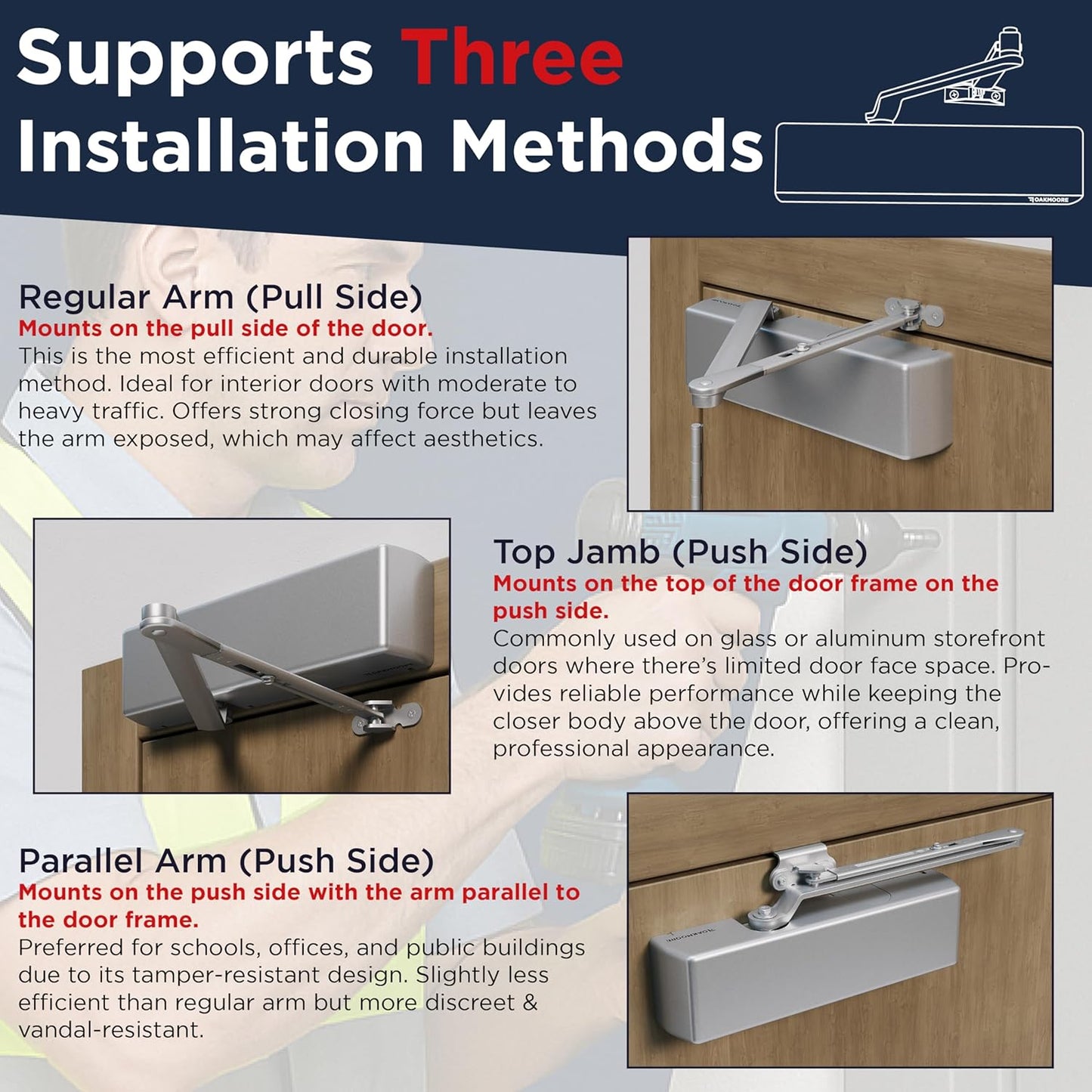 Heavy Duty Commercial Door Closer, Automatic Self Closing Door Hinges, ADA UL Grade 1-6 Listed,  Soft Close (Silver)