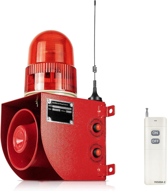 Outdoor Security Siren Alarm 1.24 Mile Range Wireless 120dB Loud, Waterproof, with Strobe Light Adjustable Sound