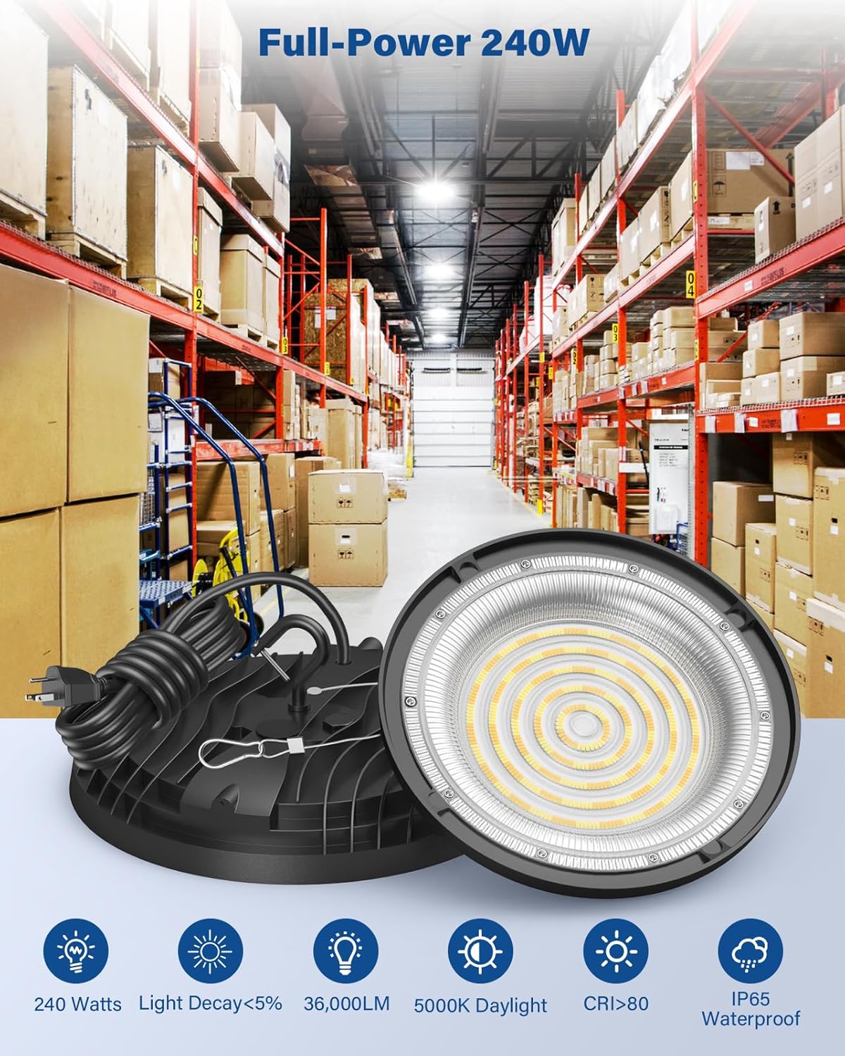 240W UFO LED High Bay Light, Adjustable Wattage 240W/200W/150W, 3-Color Temperature,  4PCS