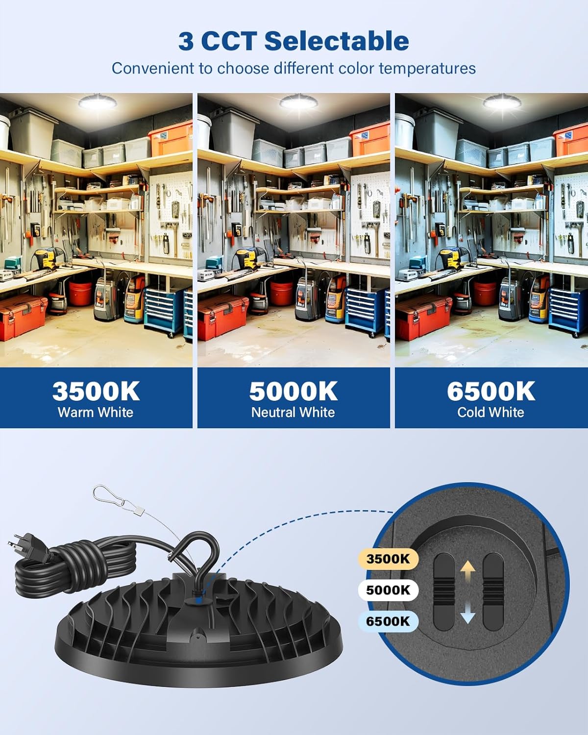 240W UFO LED High Bay Light, Adjustable Wattage 240W/200W/150W, 3-Color Temperature,  4PCS