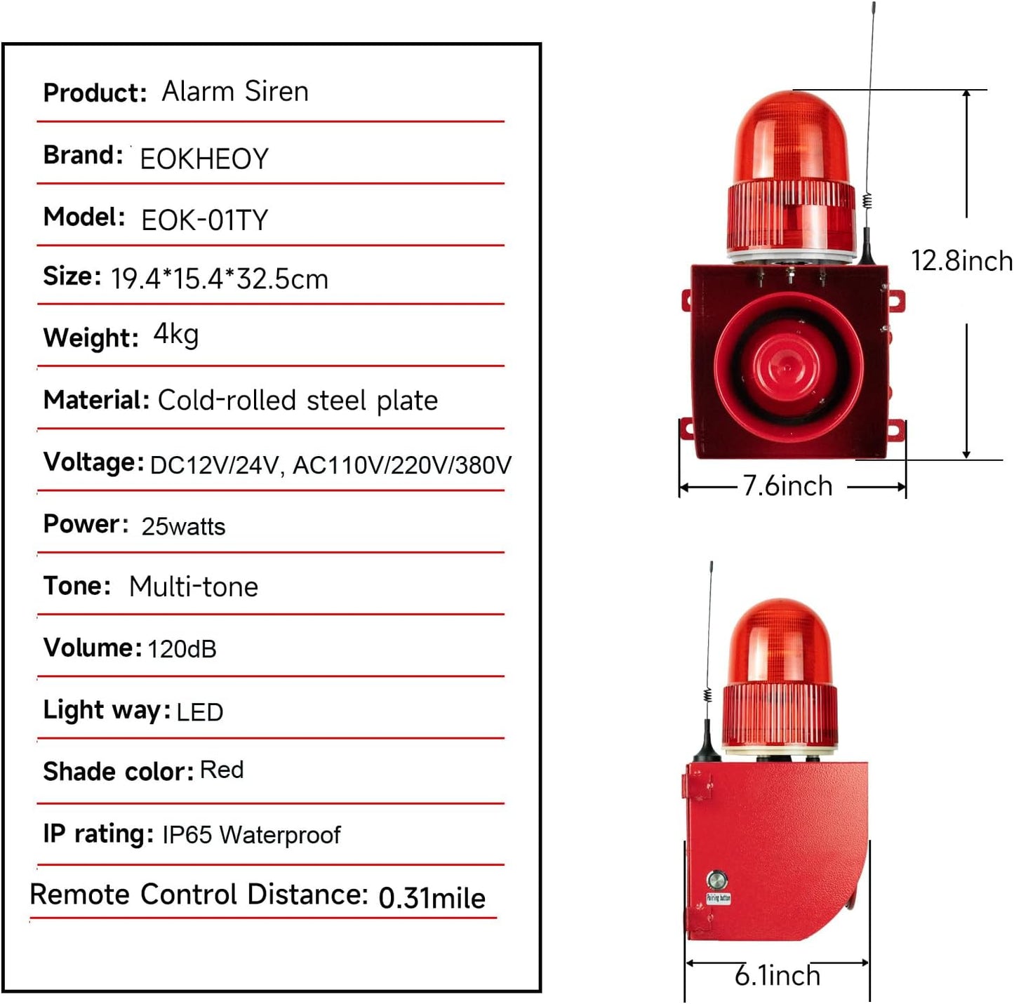 Wireless Alarm Siren 0.31Mile Range Multitone 120dB Loud Horn Waterproof, AC110-120V