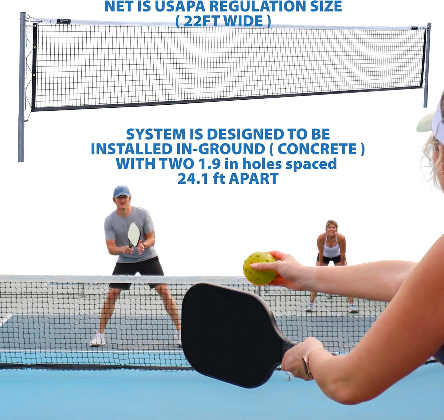 In-Ground Pickleball Net System, Heavy-Duty Fixed Net with Hand Crank Tension, Pulley Alignment, (36” Ends, 34”Center)
