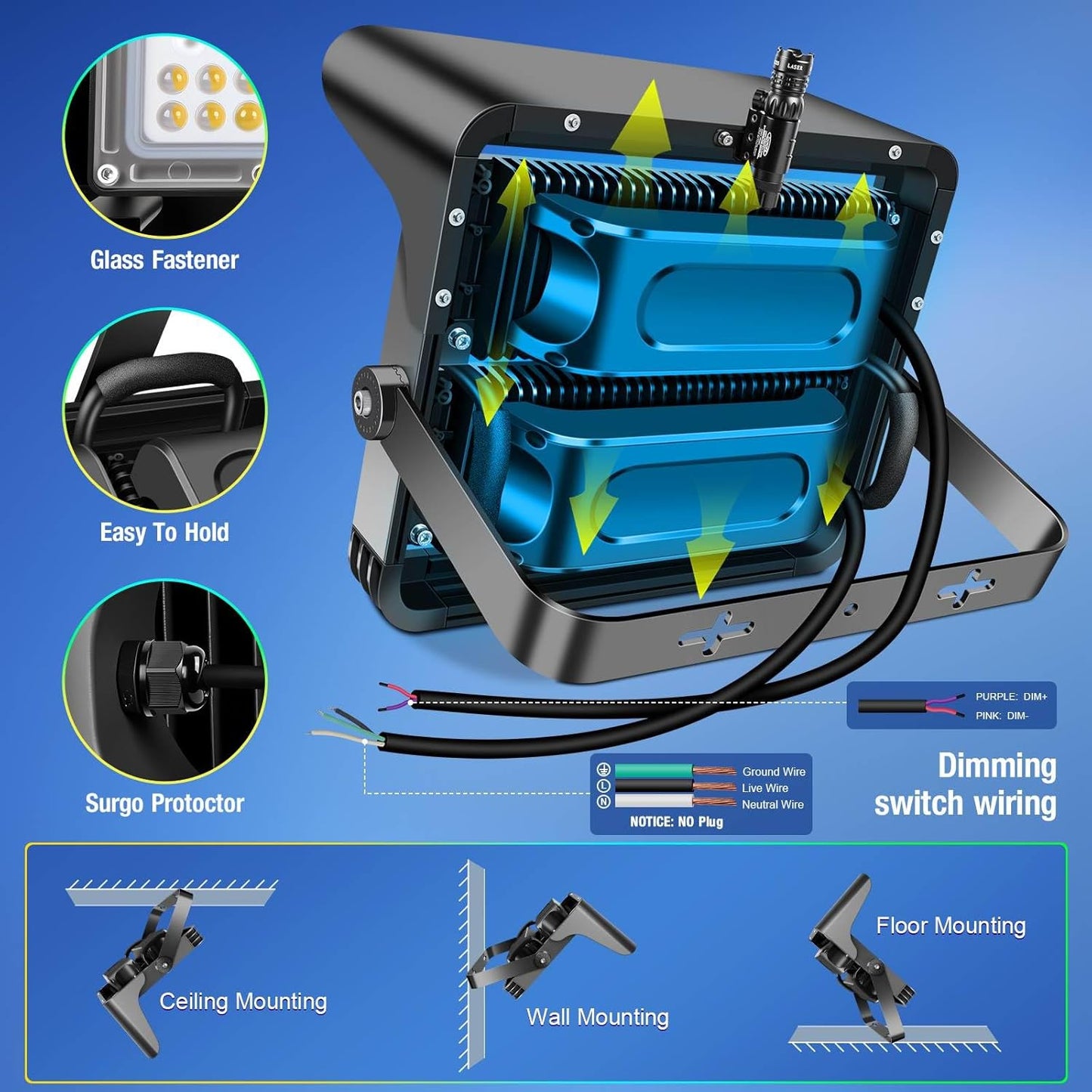 500W Dimmable Led Hight Mast Light, 75000LM Outdoor Stadium Floodlights Adjustable IP66 5000K 100-277V