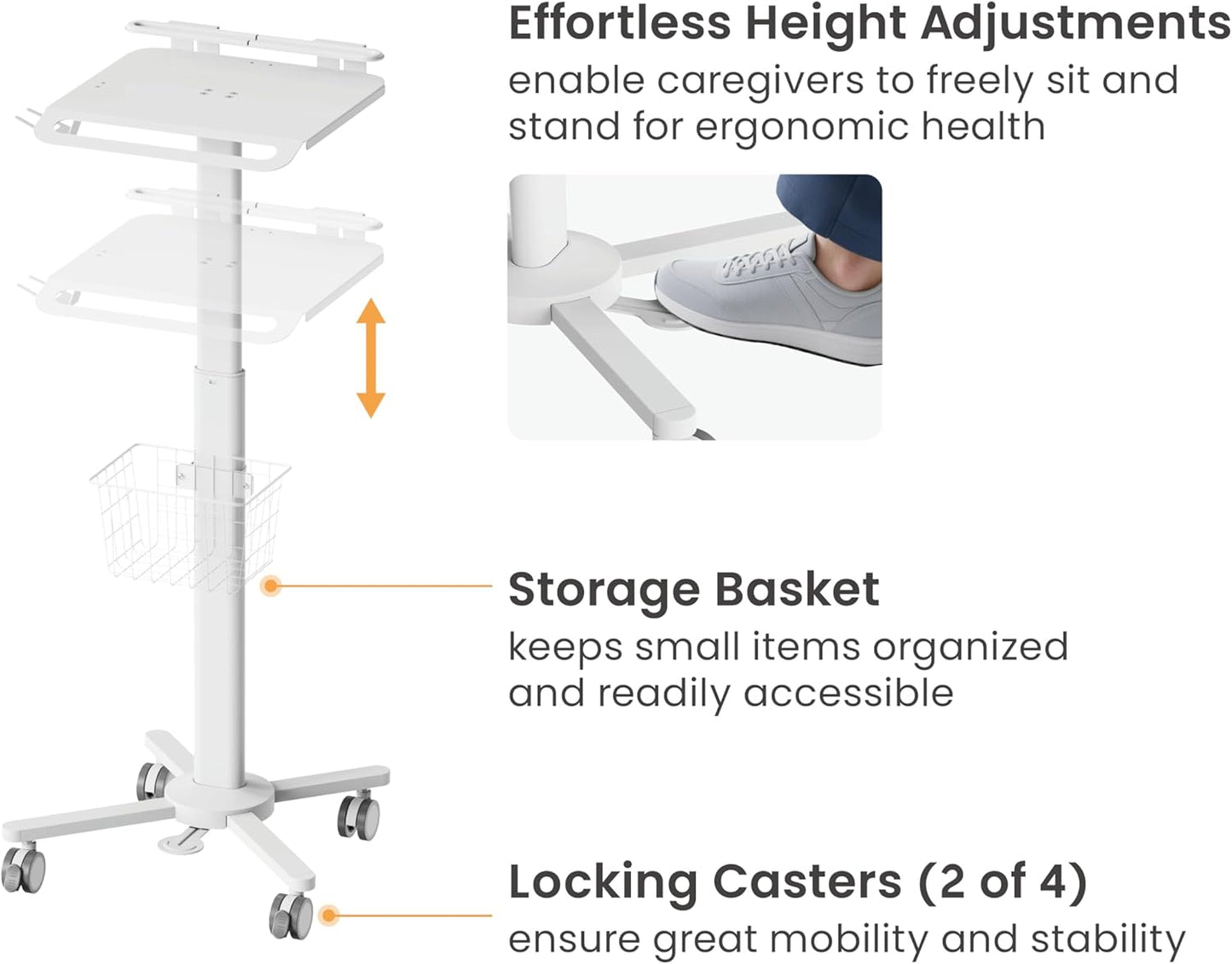 Height Adjustable, Lightweight, Anti-Theft, Anti-Slip Medical Laptop Workstation Trolley w/ Scanner Holder