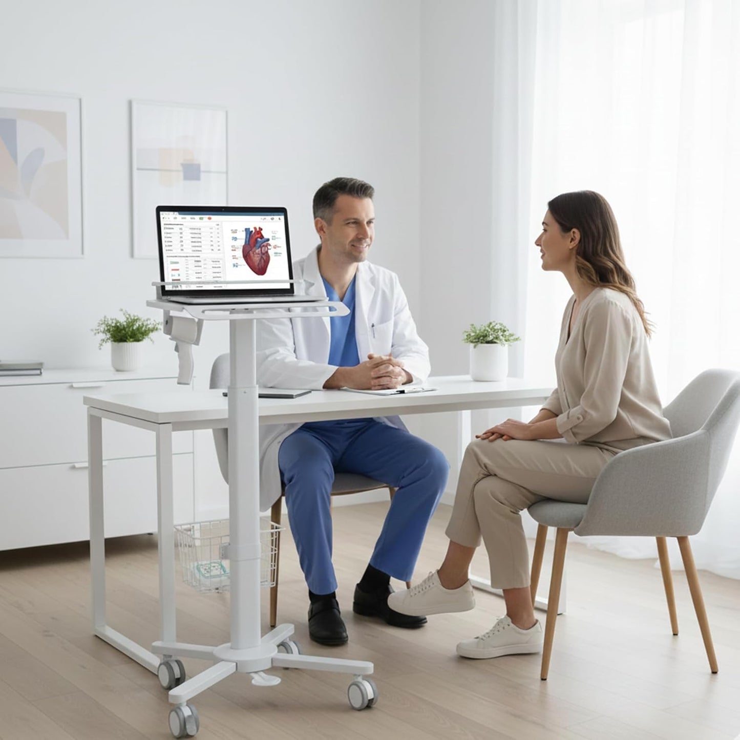 Height Adjustable, Lightweight, Anti-Theft, Anti-Slip Medical Laptop Workstation Trolley w/ Scanner Holder
